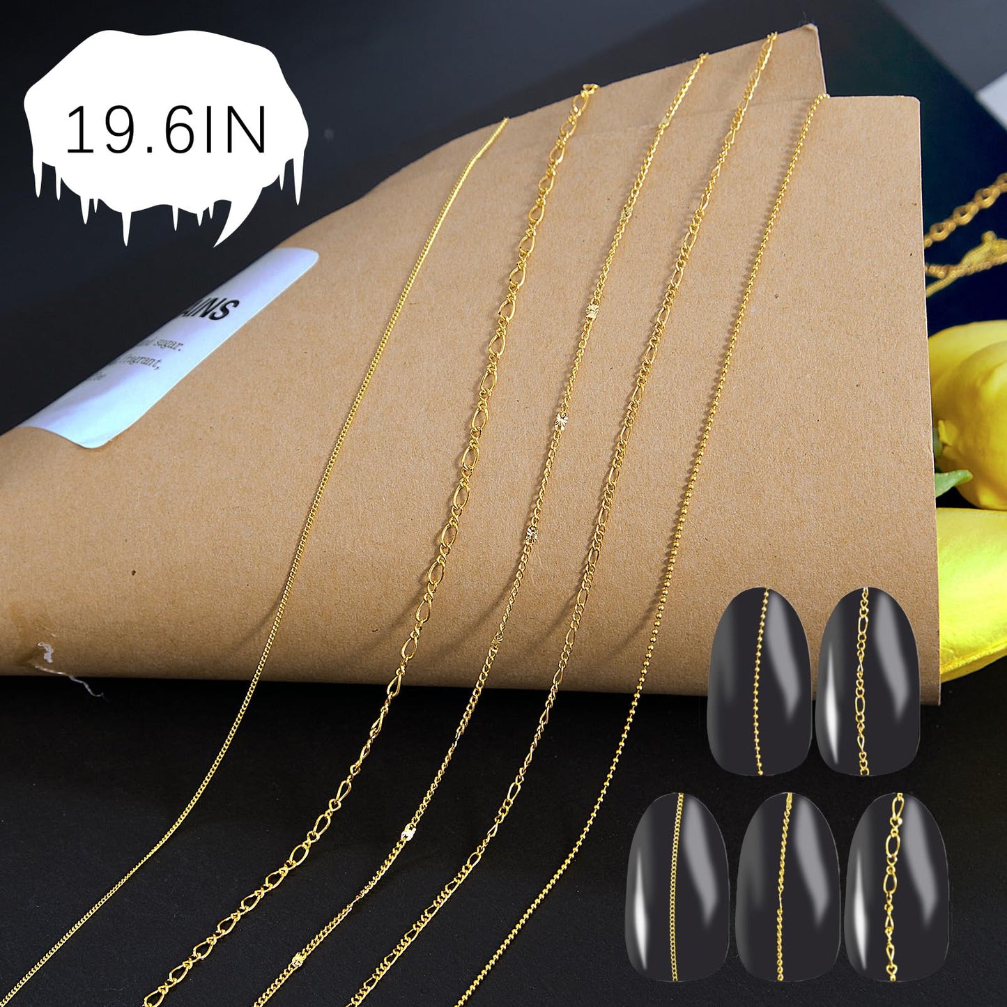 JERCLITY 9 Strips 19.7in Gold Silver Nail Chains for Nail Art 3D Gold Silver Nail Charms Metal Nail Art Chains Punk Nail Charms Accessories for Women Nail Art
