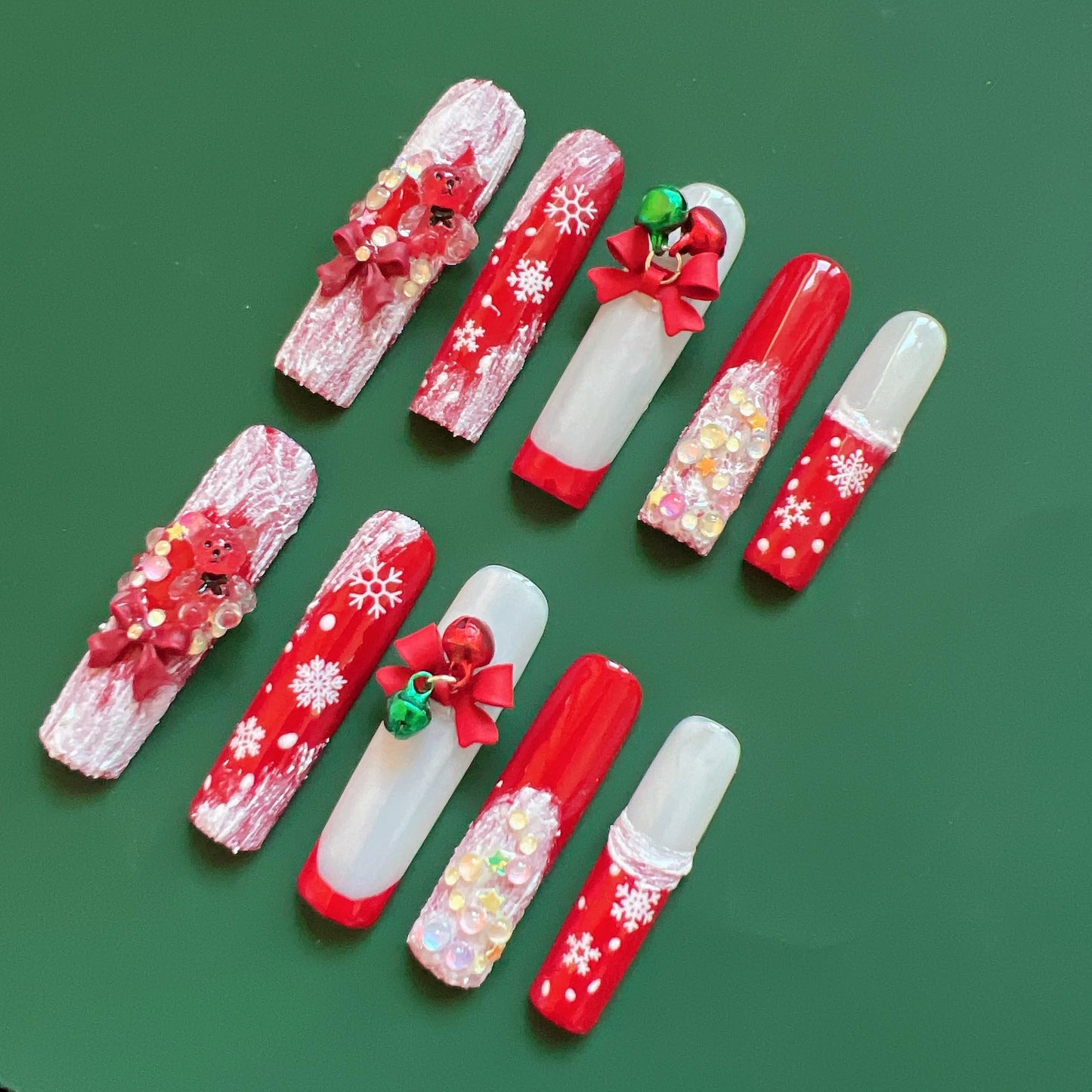 NAIL ANGEL 10PCS/SET Glamorous Handmade Press On Nails Christmas Xmas Holiday Snowman Bell Snowflake French Style Long Coffin Nails Party Nails XXL Long Artifical Tips ZJ-13 (ZJ13, S)