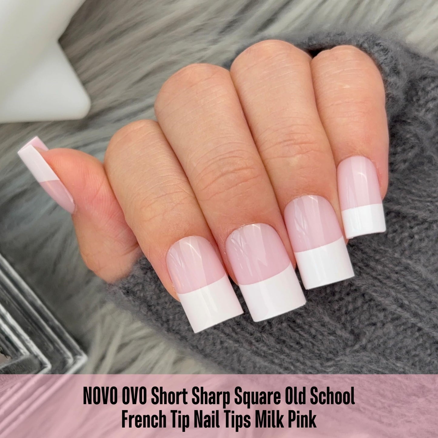 NOVO OVO Old School Wide White French Short Sharp Square Tip Nail Tips Press on MILKY PINK, Need Builder Gel Top Coat Nail Glue, Soft Gel Full Cover Fake Nail Extension, for DIY x 15 Sizes 240 pcs