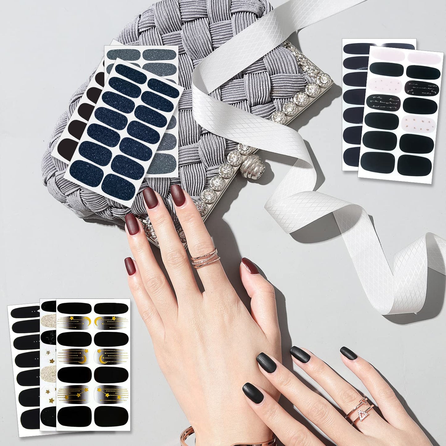 SILPECWEE 20 Sheets Black Style Nail Wraps for Women Stick on Nail Polish Strips Glitter Solid Color Self Adhesive Nail Polish Stickers Fingernail Manicure Sticker Nail Art with 1pc Nail File