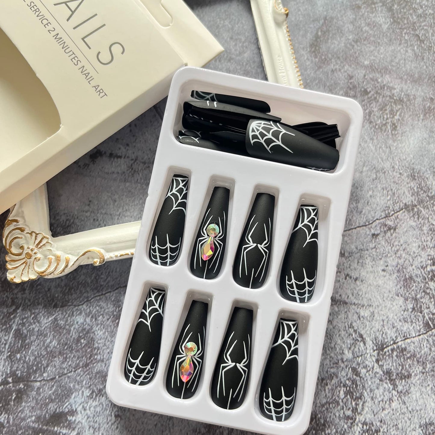 Halloween Press on Nails Long Coffin White Spider Web Fake Nails with Rhinestones Stick on Nail Black Full Cover Acrylic Nails False Nails for Women Girls 24Pcs
