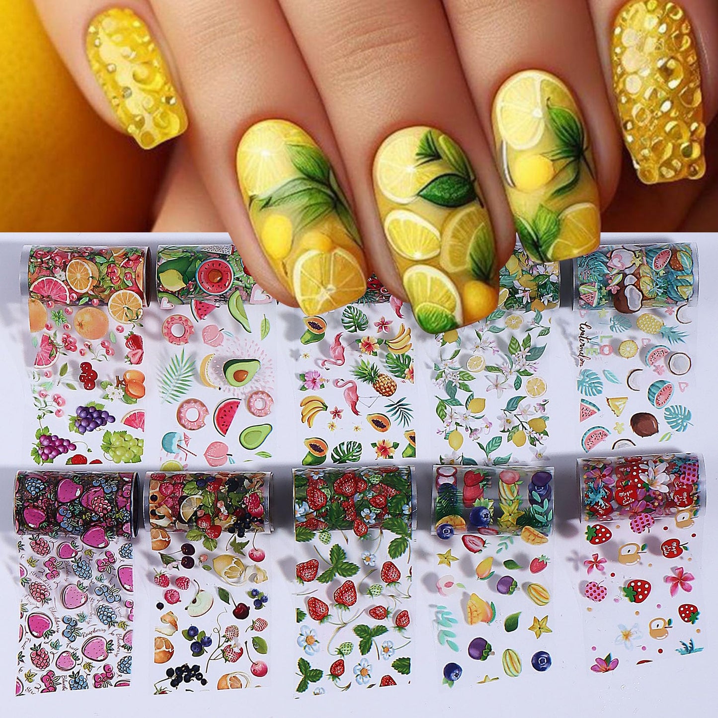 Flower Fruit Nail Transfer Foils 20 Rolls Summer Tropical Fruits Floral Theme Nail Art Foils Blueberry Strawberry Daisy Starry Sky Paper Full Cover Wraps Manicure Decoration Supplies for Women