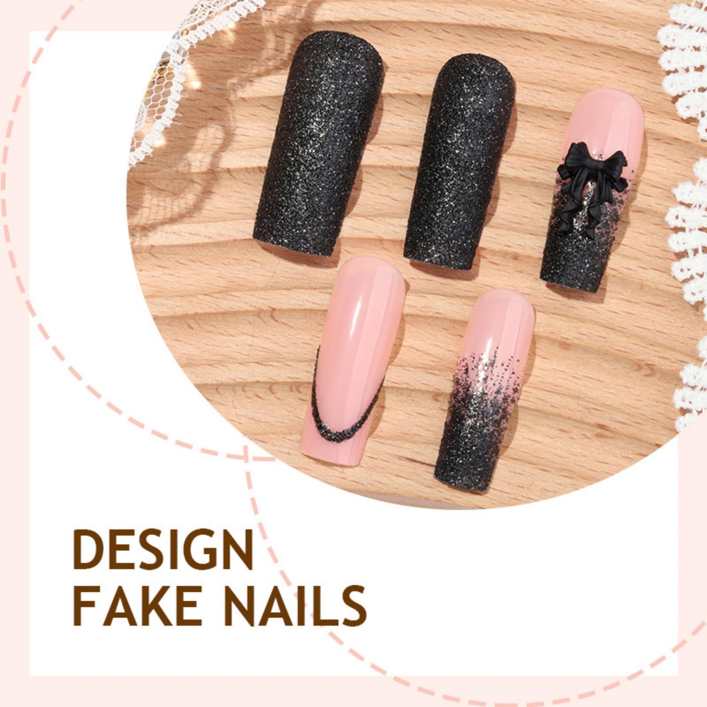Octoswave Square Press on Nails Medium Fake Nails Black French Artificial Nail Glitter and Bow Stick on Nail for Women 24pcs