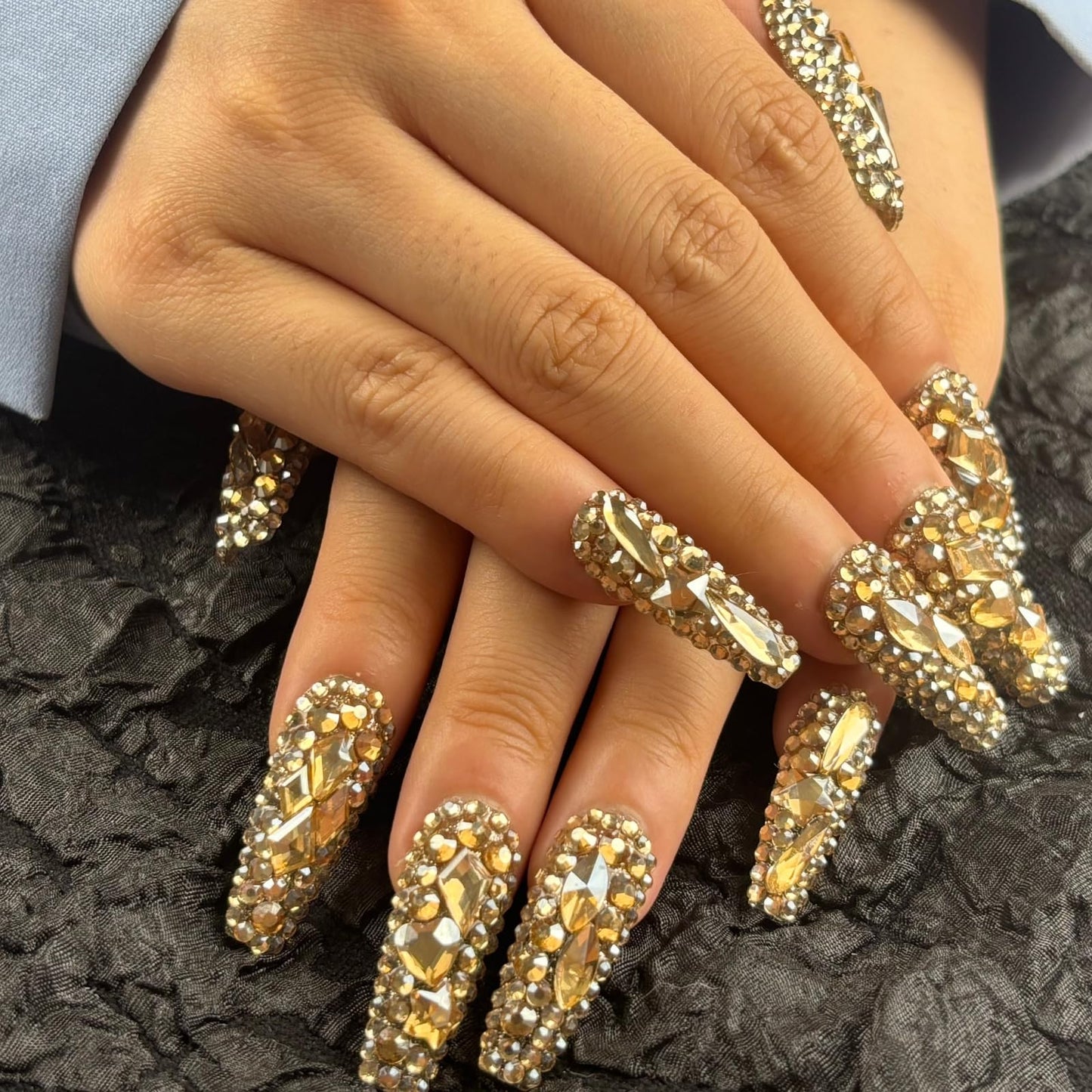 AKA Unicorn Trendy Handmade Press On Nails Long Square Shape,10Pcs Shimmery Acrylic Fake Nails with 3D Champagne Rhinestone Luxury Design Stick On Nail for Woman Gift