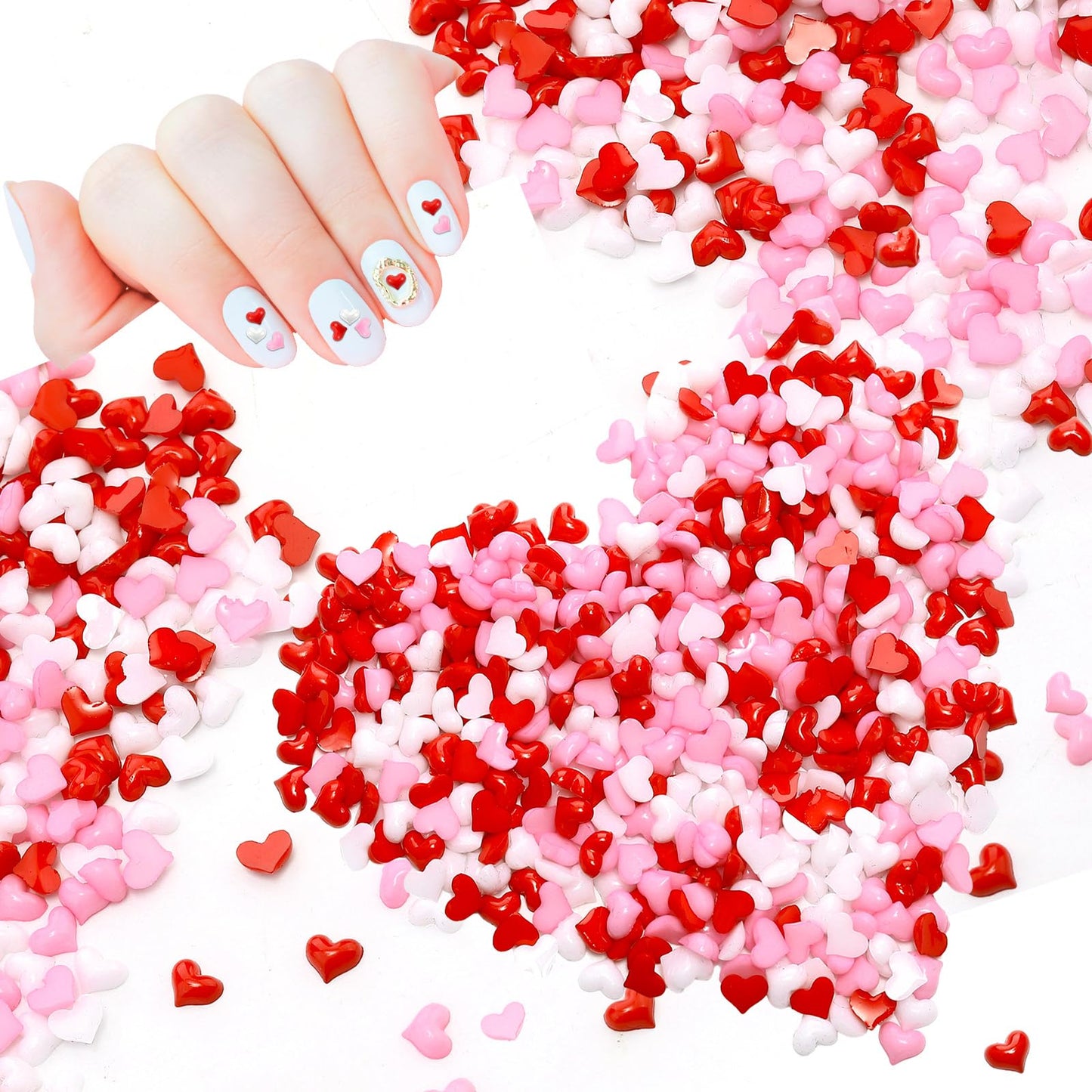 600pcs Valentine Heart Nail Charms and Gems Mini Pink Heart Charms for Nail Red White 3D Resin Rhinestones Love Accessories Half Cover Cute Supplies for Galentines Day Women DIY Decor