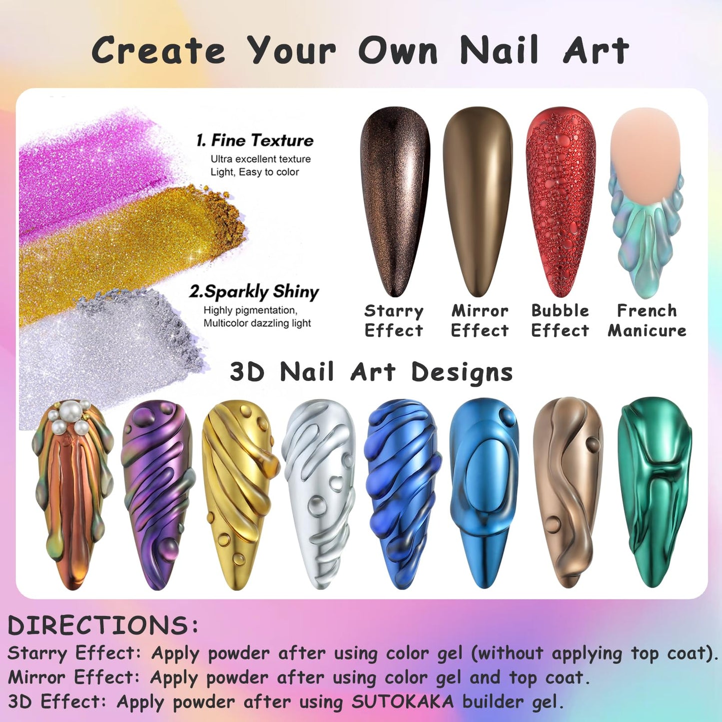 SUTOKAKA 24 Jars Chrome Nail Powder Metallic Mirror Effect Pigment Iridescent Aurora Mermaid Pearl Glitter Dust, Gold Silver Nail Foil Fluorescent Flakes Kit for Resin Craft & Nail Art Decoration