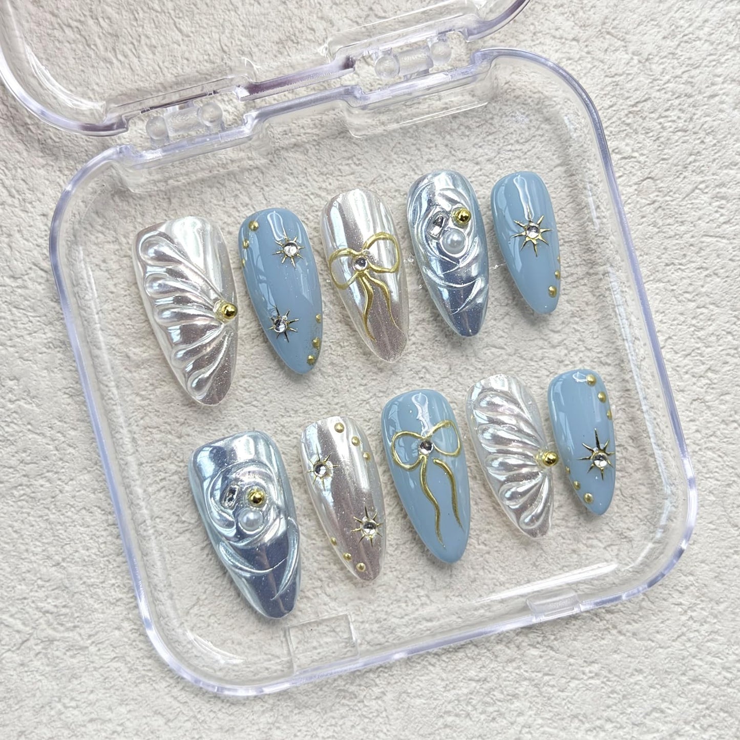 Handmade Press on Nails Medium Almond Fake Nails withGlue,Luxury Rhinestone & 5D Bow Blue Press ons Muti-LayerGel Handmade False Nails for Women (Size M)