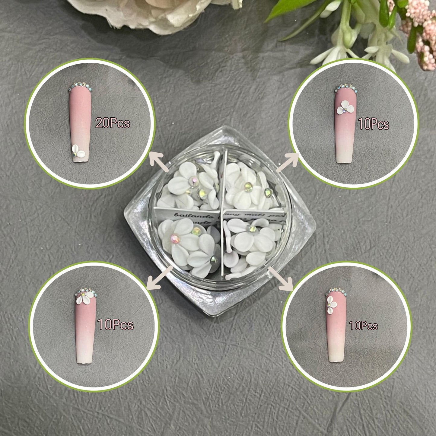 Set 50Pcs White 3D Flowers For Nails, Handmade 3D Acrylic Flowers For Nails, Wedding Flower Nail Charms Rhinestones Gems by Acrylic Powder Design Deco Nail Art Women Girls (Apricot Tiny White - 50Pcs)