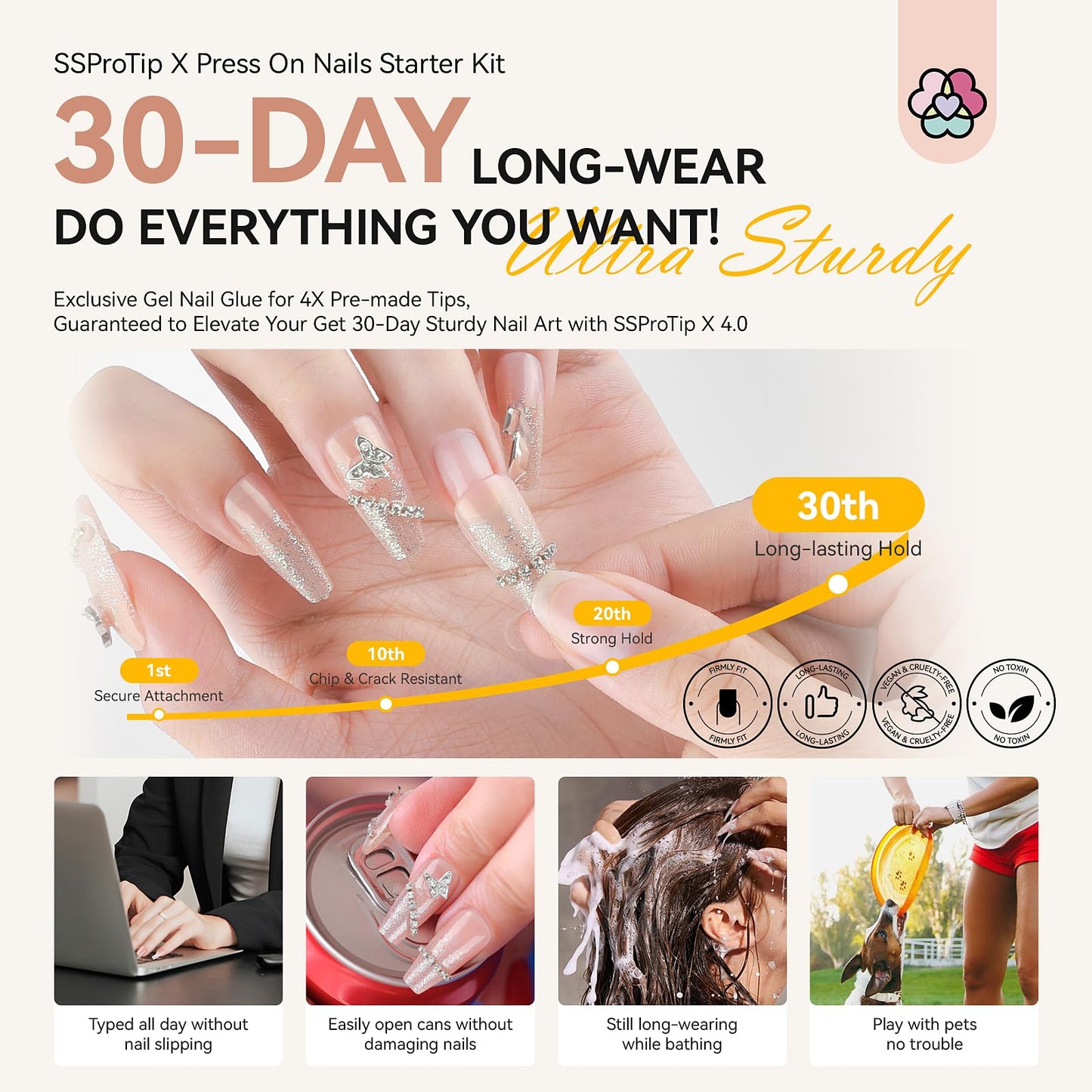 SAVILAND Silver Shiny Press On Nails Starter Kit: Pre-Designed Long-Wear Fake Nails Gel Nail Kit Press Ons 100% Acrylic Tips U V Nail Light Cured GEL Nail Glue False Nails DIY Art Set