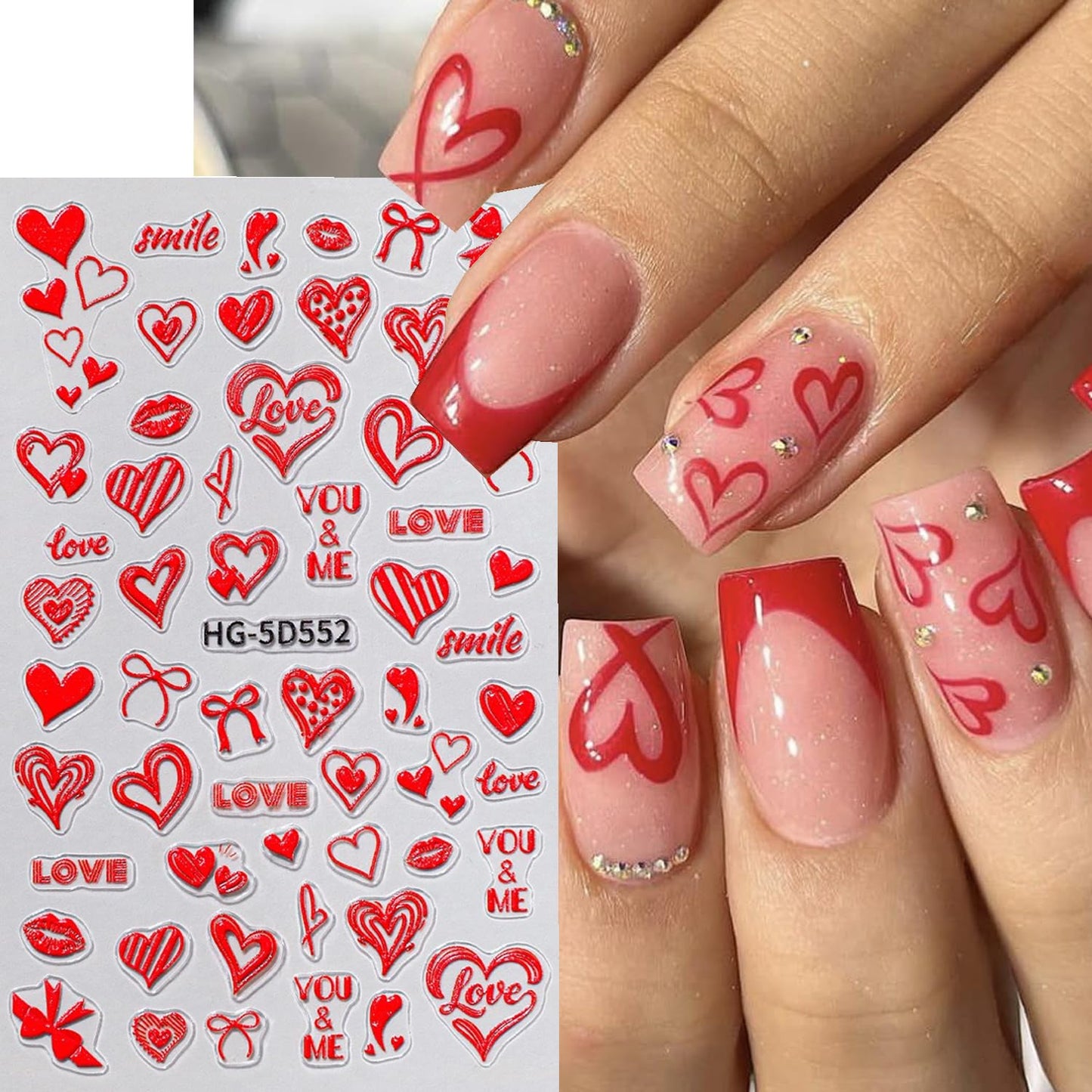4Sheets 5D Valentine Nail Art Stickers Kit Romantic Valentines Style Red Lip Love Nail Design Decal with Adhesive Cute Hollow Heart Letter Bow Embossed Slider Decal for Wedding Perty Nail Charms Decor
