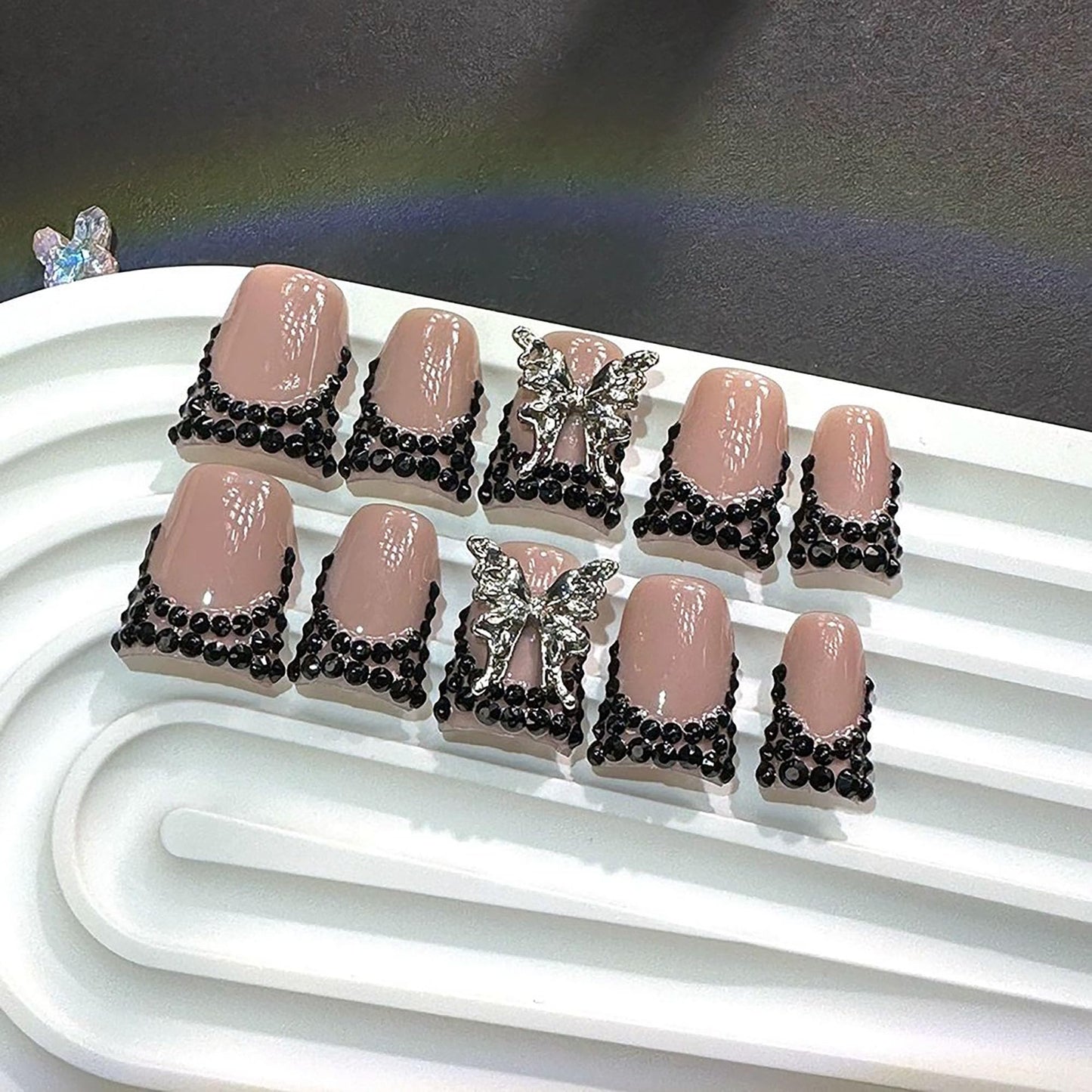 Qicaijia 10Pcs Handmade Press on Nails Medium Fake Nails Duck French Tip Nails Press Ons Sparkly Artificial Acrylic Black Rhinestone and Butterfly Design Reusable Stick on Nail for Women (Size M)