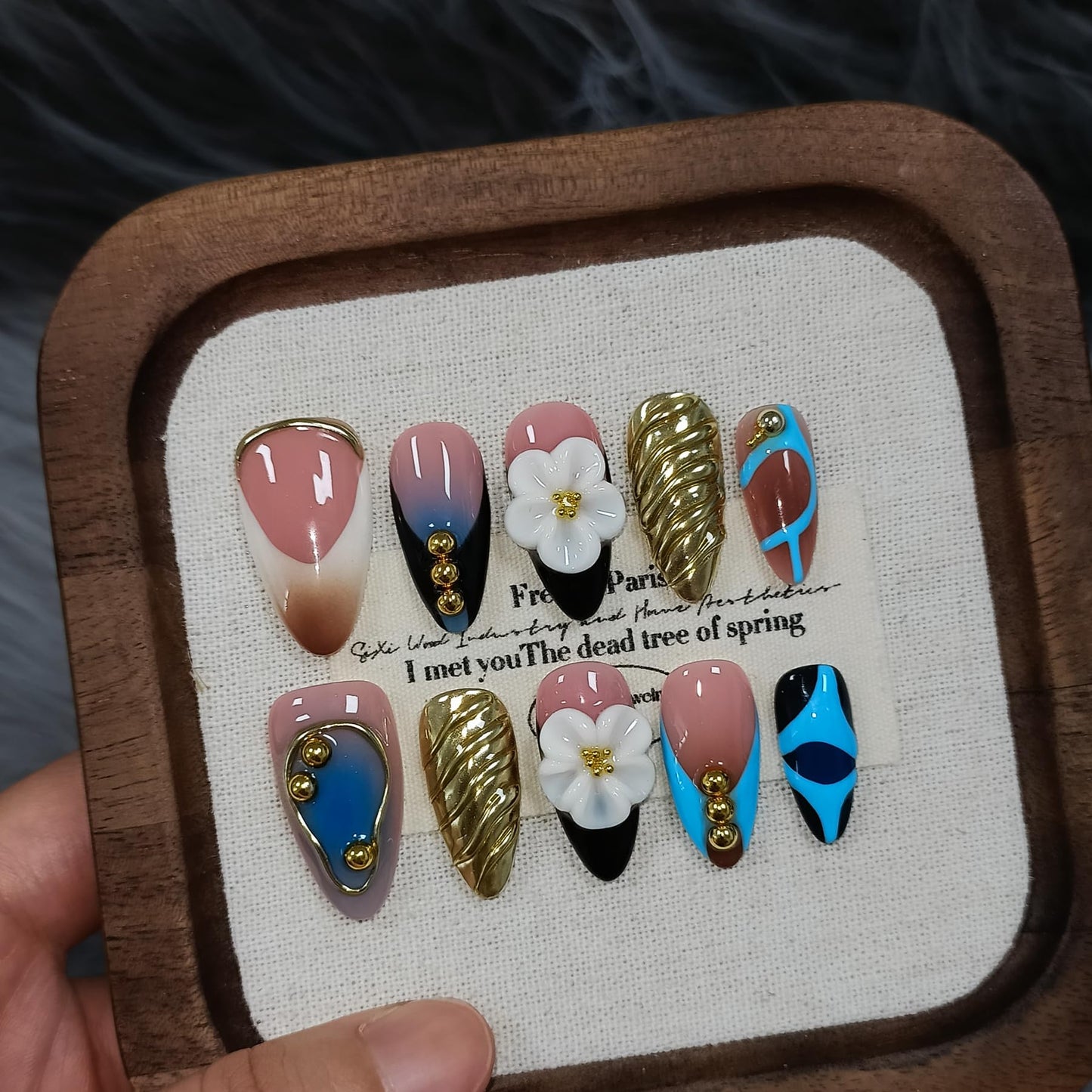 TENPAL 10Pcs Handmade Press On Nails With Tools,Gold & Blue French Tip Fake Nails Almond with 3D Floral Metal Charms,Glossy Thick Glue on Nails,Blushing Salon Acrylic Nails for Wedding Party(S)