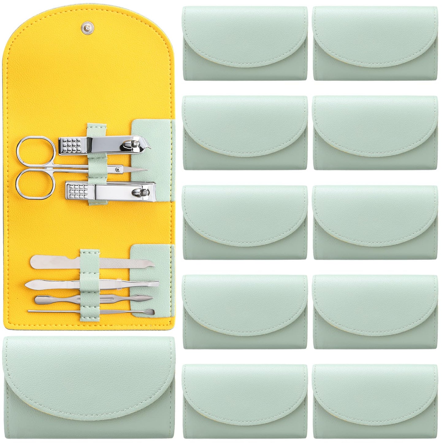 Lanties 12 Set Manicure Set Bulk Mini Manicure Nail Clipper Kit 7 in 1 Stainless Steel Professional Nail Care Pedicure with Travel Portable Bag Grooming Kits for Women Men Home(Light Green)