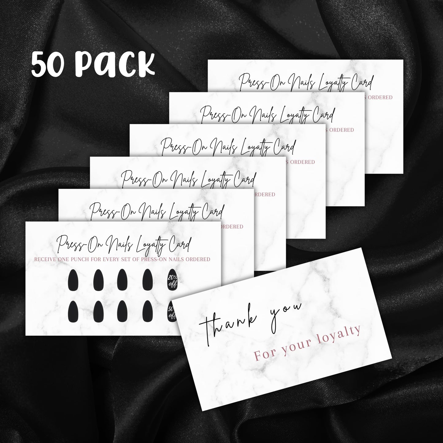 Boutique Marketing LLC Press-On Nail Loyalty Discount Cards | 50 Pack | 2x3.5 Inch inch Business Card Size | DIY Press-On Nail Kit | Marble Look with Black Nail Design,marble,black,white