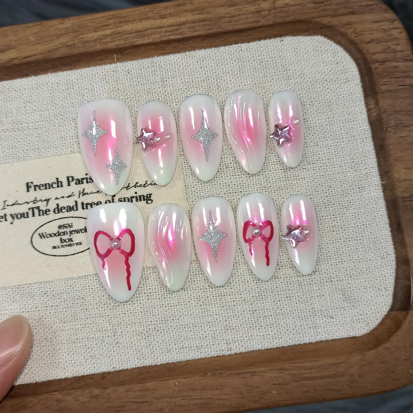 TENPAL Handmade Press On Nails Almond-Aurora Pink Acrylic Soft Gel Finished Reusable Fake Nails,Y2k Sweet Cool Glue On Nails With 3D Star Bow Charms 10pcs/Box Manicure Kit Sets (L)