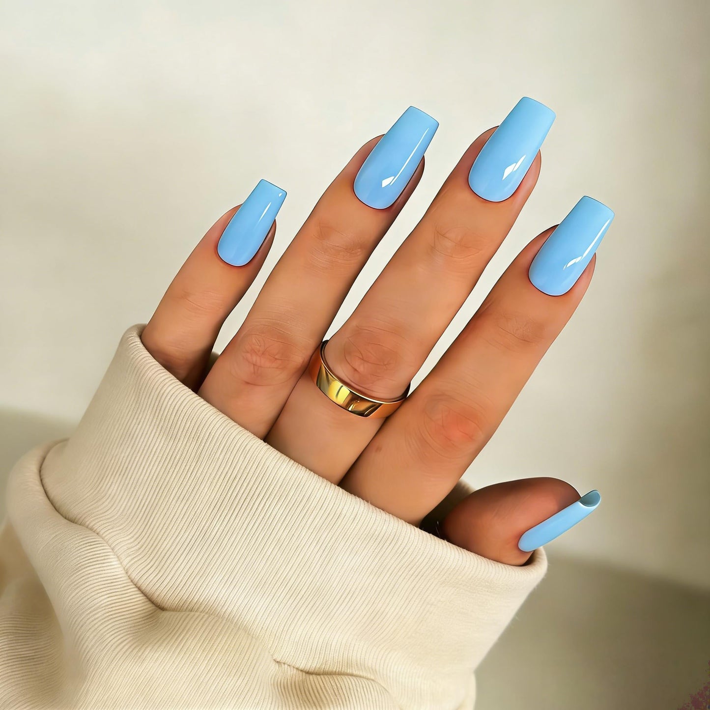 SXVME Press On Nails Long Square - Baby Blue Press on Nails with Glue for Women, Natural Simple Fake Nails Press ons Medium, Glossy Soft Gel Glue on Nails Coffin, Reusable Nail Stick Ons, 24 Pcs