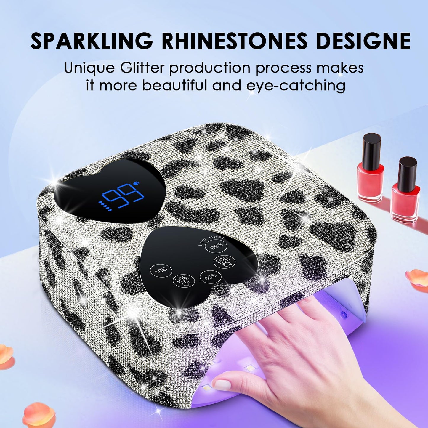 UV LED Nail Lamp Cordless, HUITINE 80W Rechargeable UV Light for Gel Nails with 5 Timers & Mirror Base, Professional Gel Light Dryer, Sparkling Rhinestones Curing Lamp for Salon & Home (Cow Diamond)