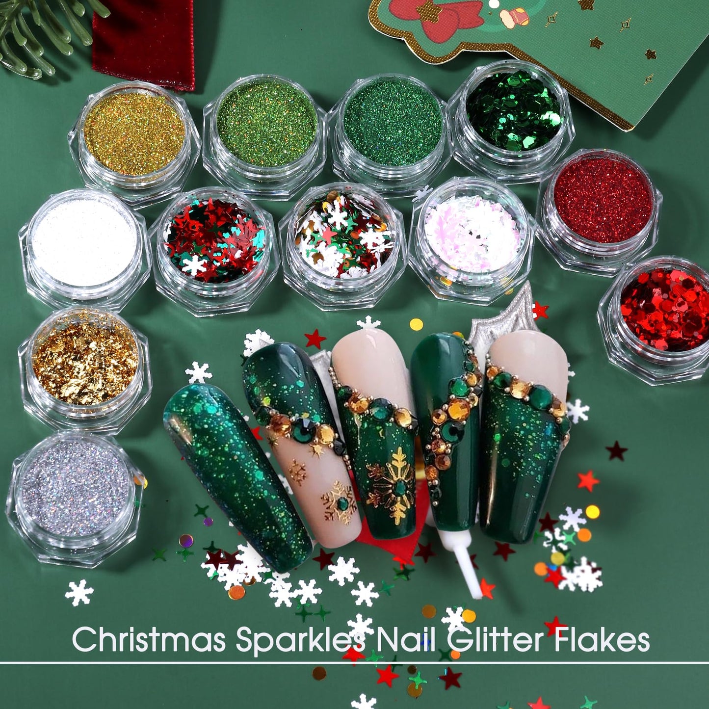 Christmas Nail Art Glitter Sequins 12 Boxes Winter Snowflake Nail Glitter Flakes Holographic Fine Glitter Powder Dipping Pigment Green Red Gold Foils Xmas Sugar Nail Design for Acrylic Nails Supplies