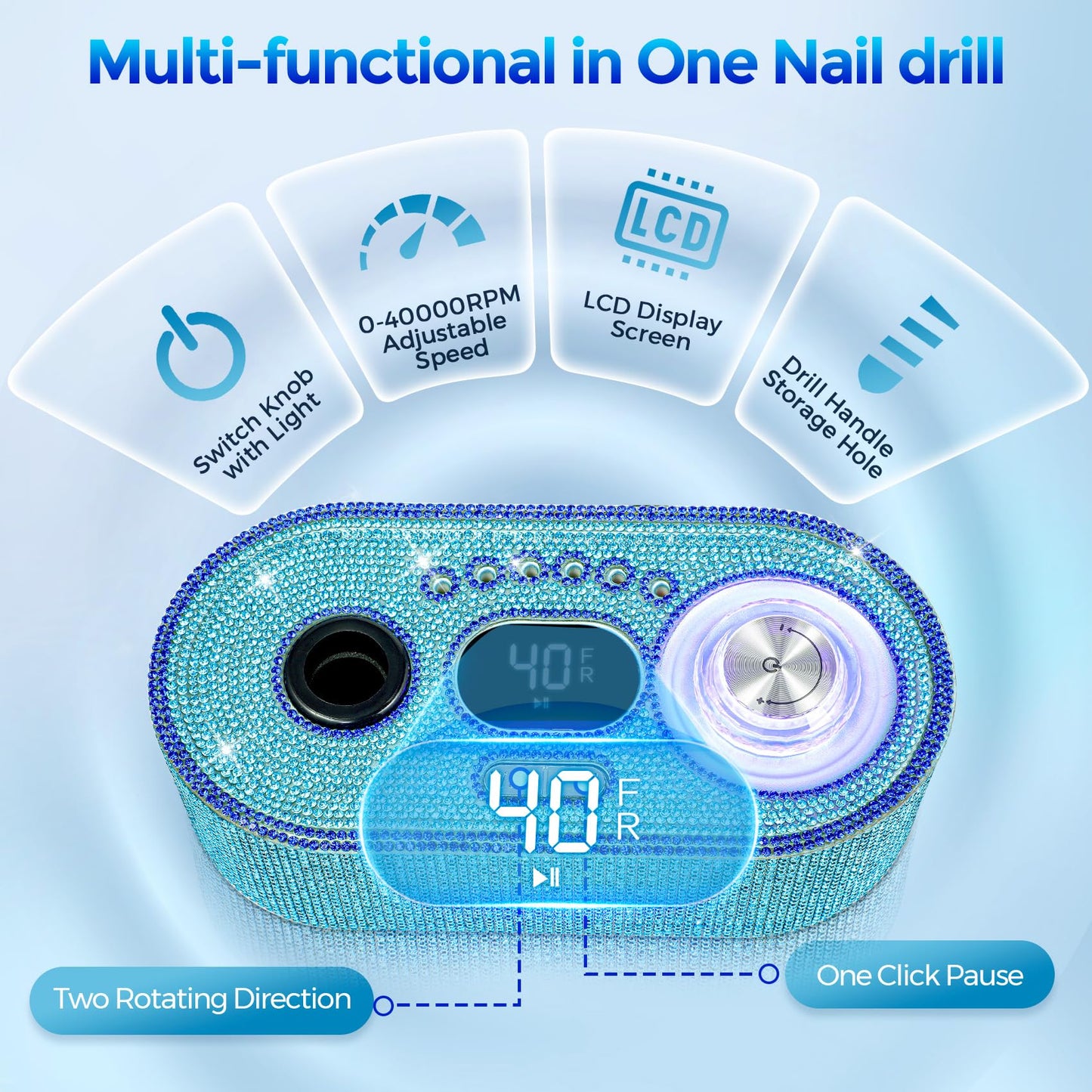 Nail Drill Electric File: DEDNMSCA Sparkly Professional Nail Drill Kit, 40000RPM E-File Machine with 12 Drill Bits for Acrylic Nails Remove Nail Gel Polish Manicure for Salon Home, Blue Diamond
