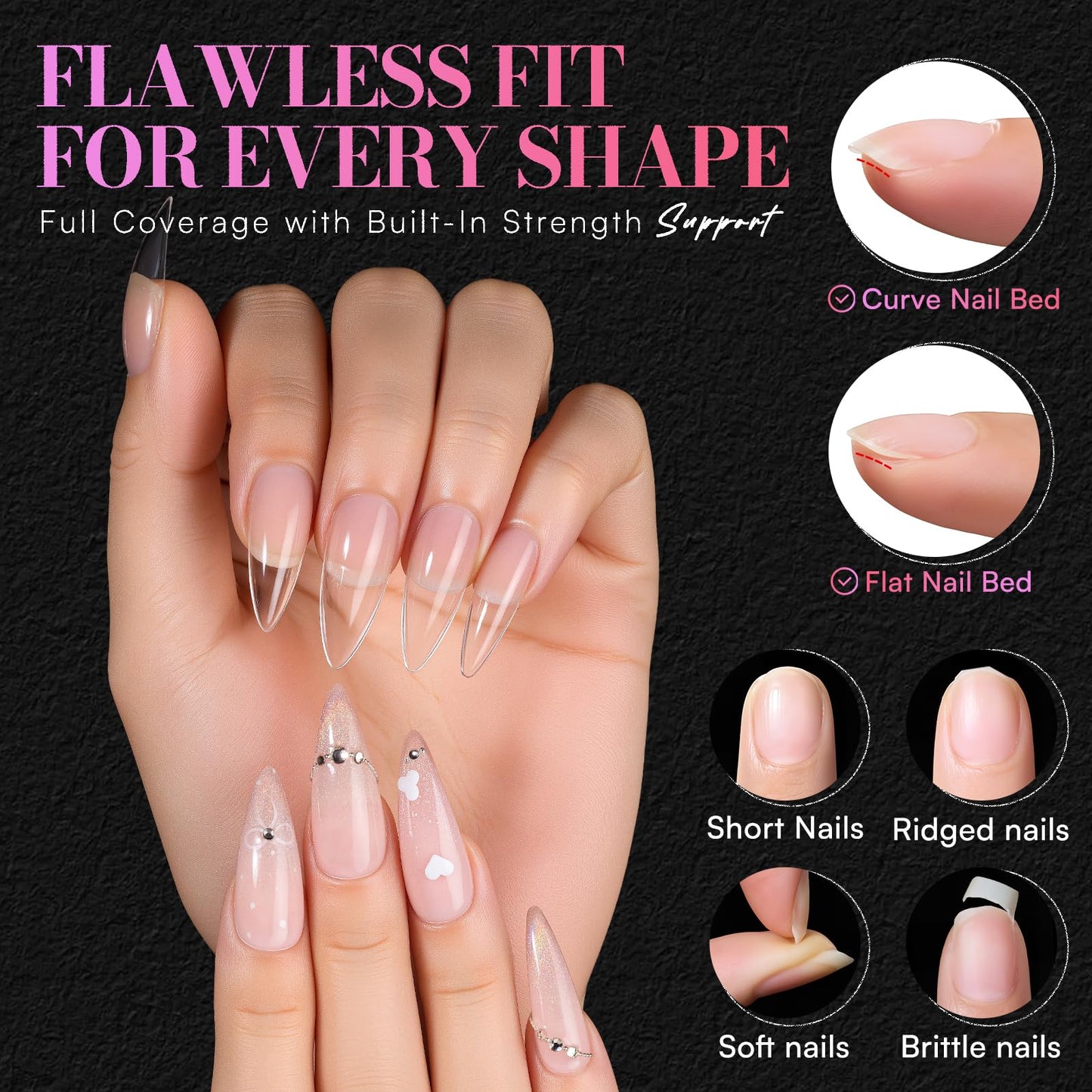Makartt Medium Sharp Almond Nail Tips: Hybrid Almondetto Shape, 15 Sizes Clear Full Cover Fake Nails Extension, 504PCS Half Matte Soft Gel Tips for DIY Nail Lovers, Press-on Creators, Salon Supplies