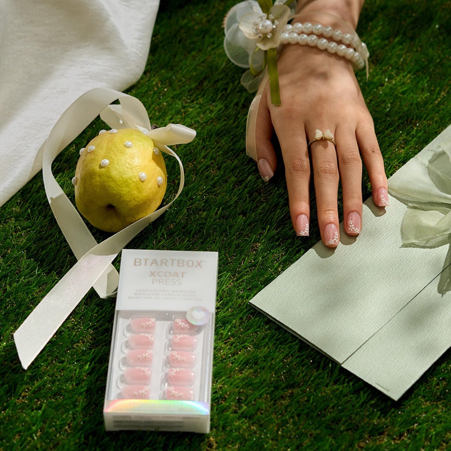 BTArtbox Press On Nails Short - Wrist Corsage, Lamp-Curable 4-Week Wear 3D Flower Pink Square Press On Nails with Glue and Adhesive Tabs, Easy-to-Apply in 16 Sizes - 32 Nails All-in-One Kit
