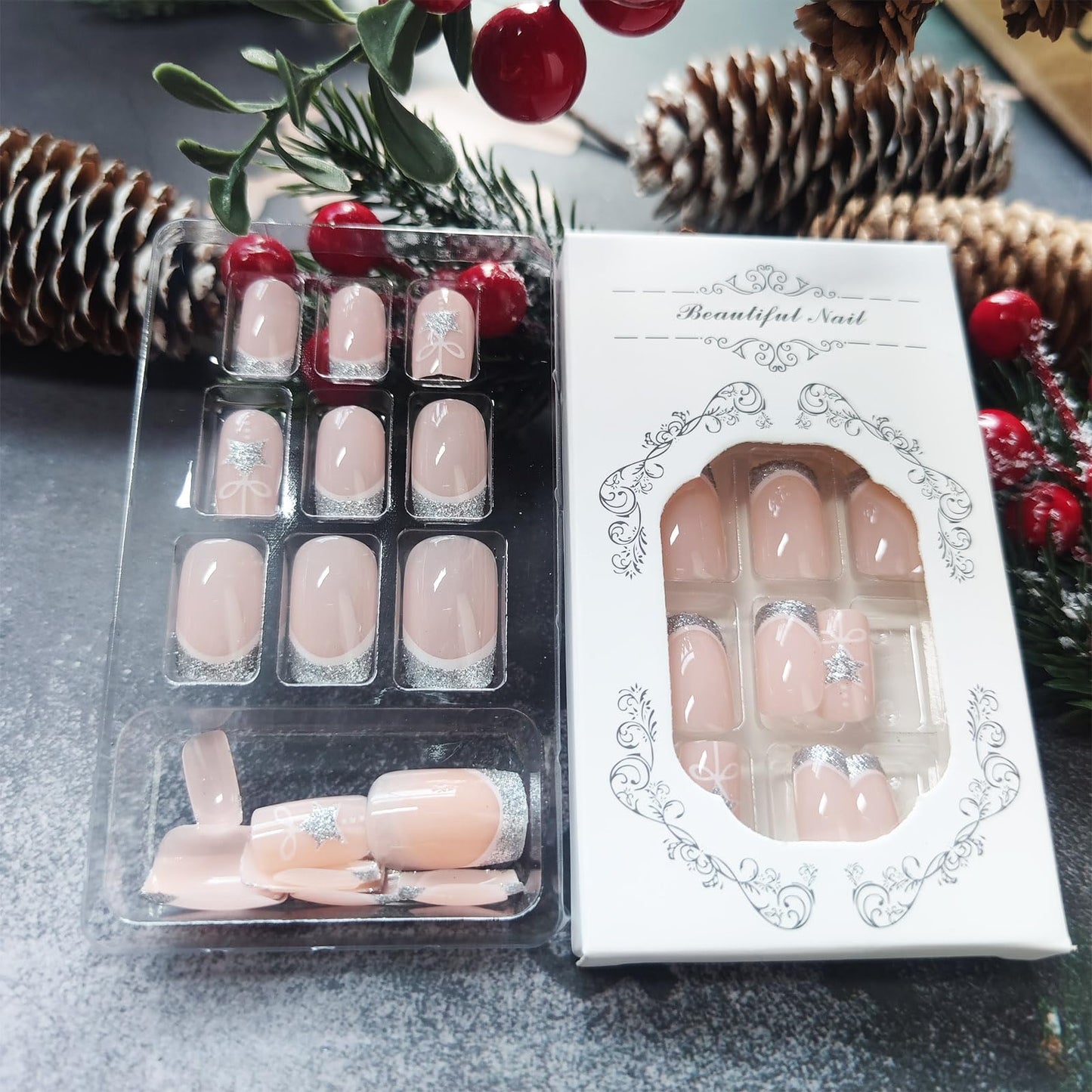 Christmas Medium Square False Nails 24Pcs Sparkly Stars Press on Nails French Tips Gel Glue on Nail New Year Stick on Fingernails Glossy Silver Glitter Acrylic Fake Nail for Women Xmas Gift