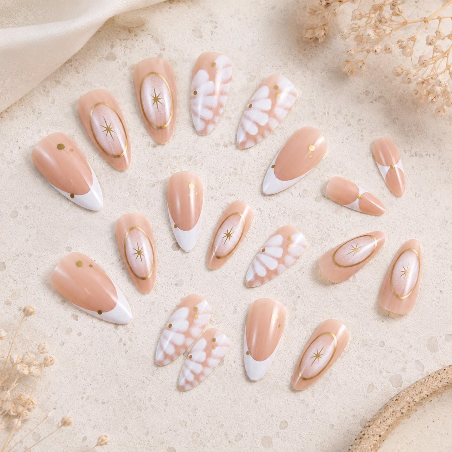 French Almond Press On Nails Medium Length, Nude Fake Nails with Starburst & Gold Line Design, Glossy Gel Finish Acrylic Nails, Reusable Glue On Nails for Women, 24Pcs