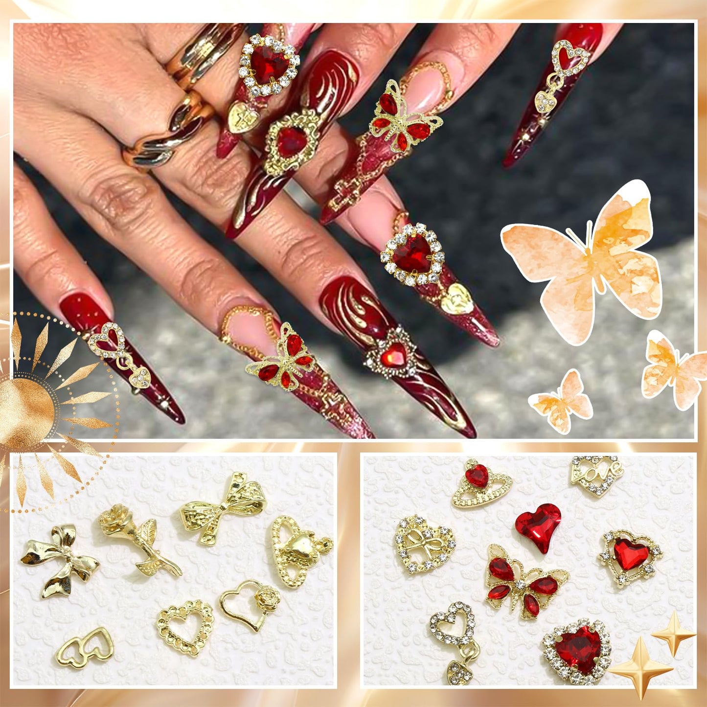 RODAKY 64PCS Red Heart Nail Charms Valentine's Day Nail Jewelry Crystal Butterfly Heart Gems for Nails Art Gold Bow Rose Flower Nail Decoration for Women Manicure Vday