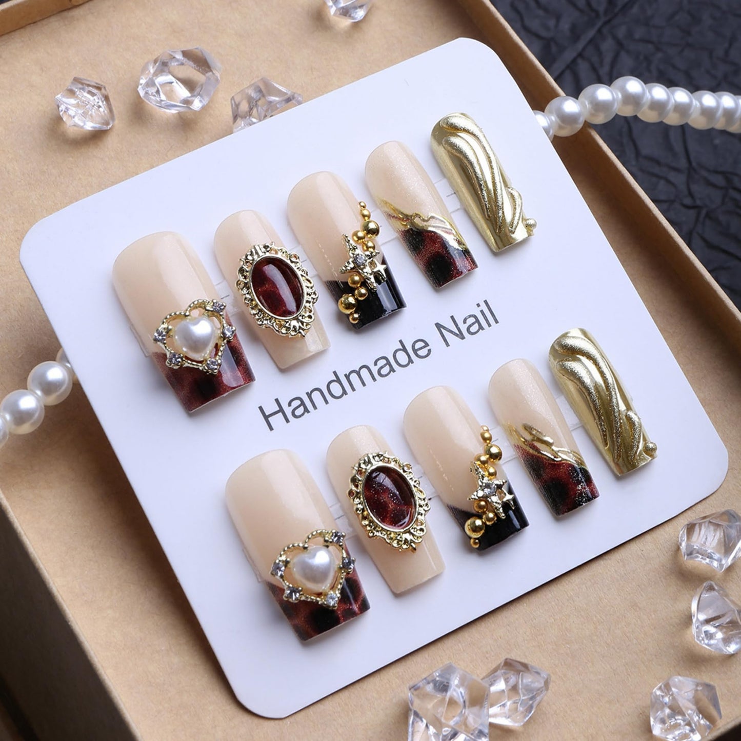 octoswave Press on Nails Medium Square Fake Nails 3D French Artificial Nail Leopard and Sparkly Gold Rhinestones Stick on Nail for Women 24pcs