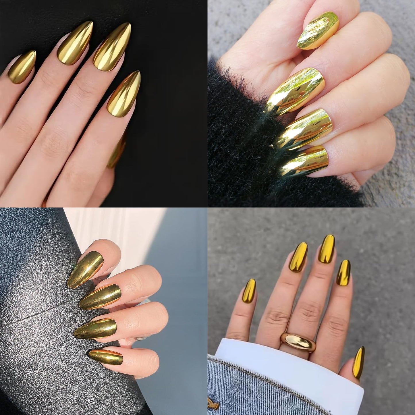 Golden Aurora Chrome Press on Nails Medium Almond Fake Nails Electroplated Chrome False Nails Yellow Luxurious Metal Mirror Acrylic Stick on for Women Girls Manicure Decoration 24Pcs