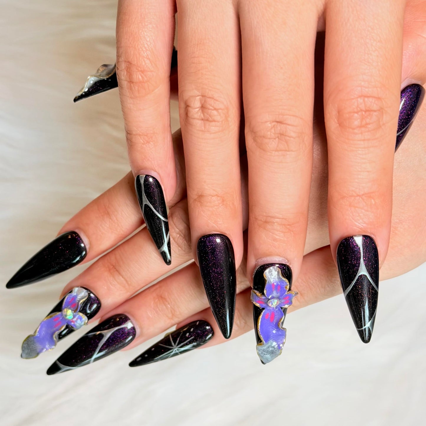 Avilux Press On Nails – Handmade, Reusable, 3D Designer Nail Art, 10Pcs Fake Nails for Women and Girls, Perfect for Holidays, Parties & Gifts (Mystic Orchid Glitter, Small)