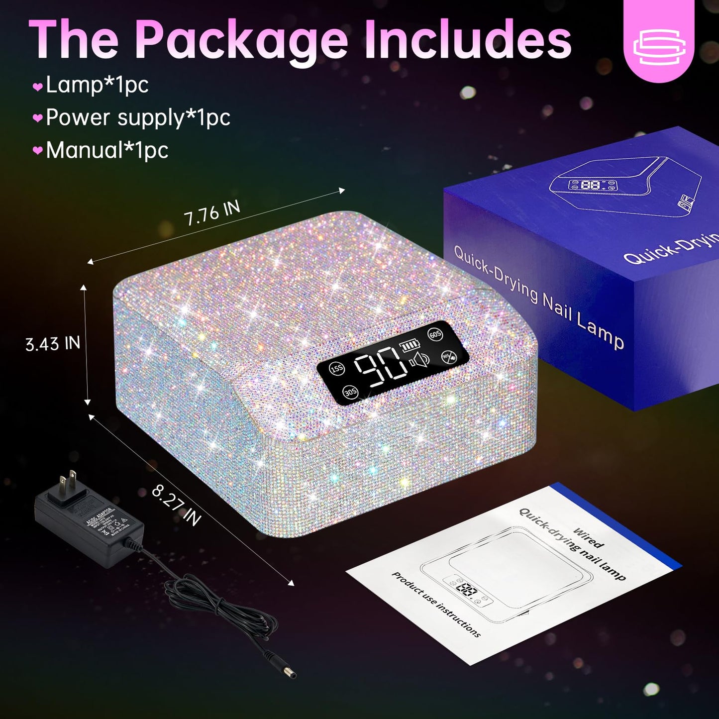 CHRISTINE SHELLY UV Nail Lamp, Rechargeable LED Nail Lamp Sparkly Gel Polish Light 4 Timer Setting Professional Quick Dry Curing Lamp with Display Auto Sensor for Salon & Home, AB Diamond