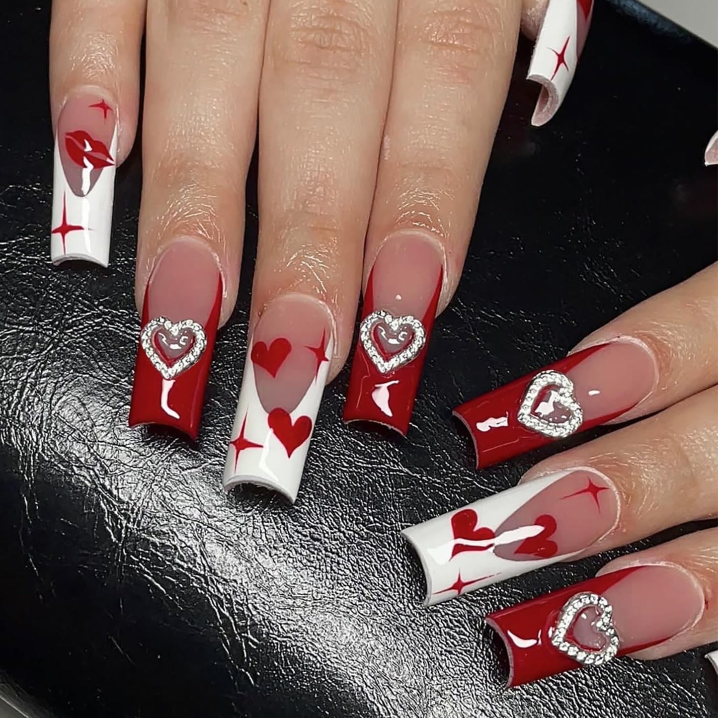 Heart Fake Nails Valentine's Red French Tip Press on Nails Long Red Love Heart Lip Design Acrylic Nails 3D Heart Coffin Nails Square Artificial Nails Full Cover Holiday Stick on Nails for Women