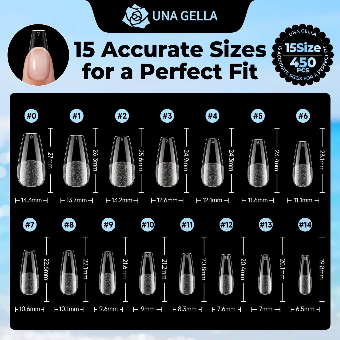 UNA GELLA Gel Nail Tips Coffin Medium 450PCS 15 Sizes Pre-shaped Full Cover Clear Coffin Press On False Nails Easy DIY Art Salon Acrylic Fake Nails Extensions Tips Long-Lasting Hold