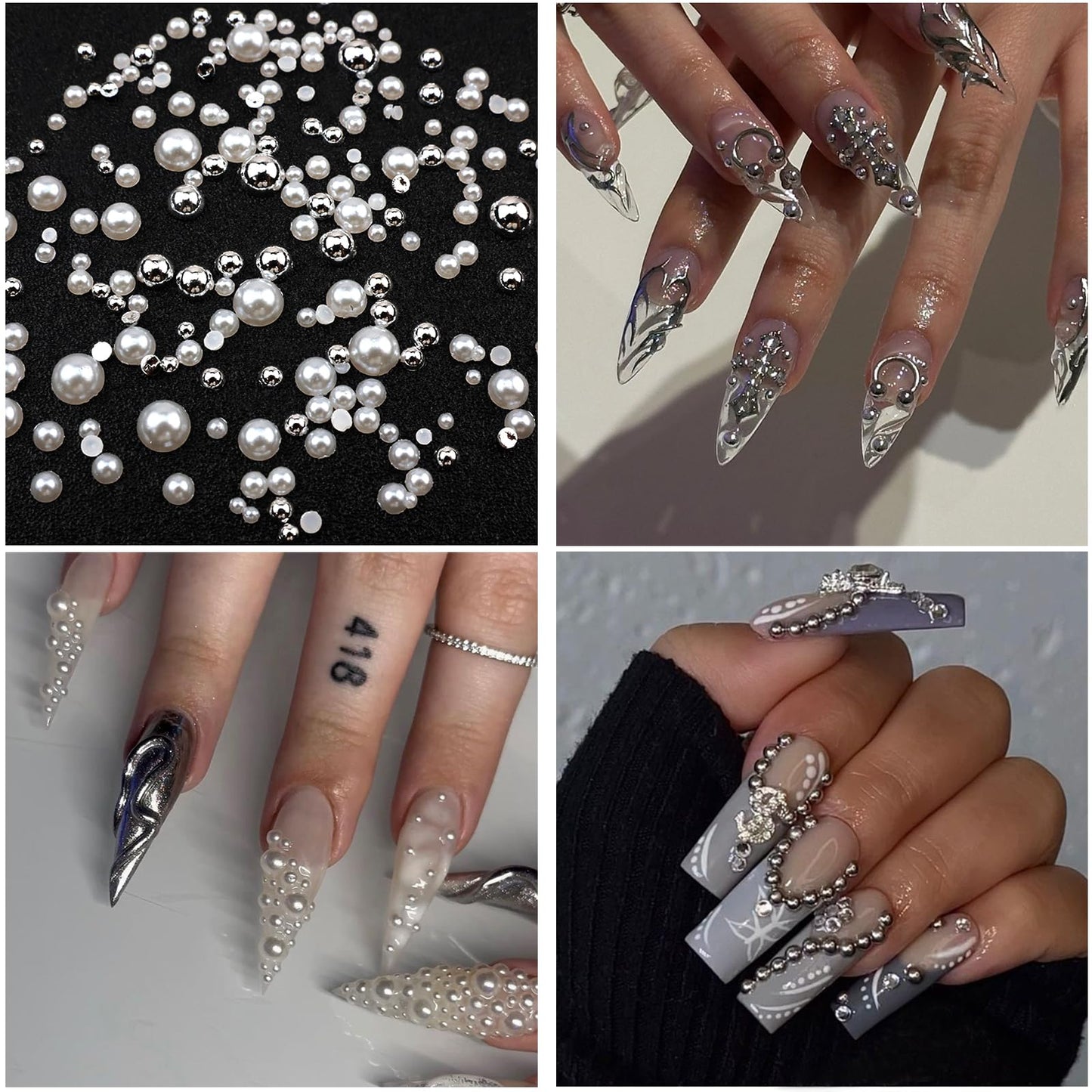SEMATA White Nail Art Pearls Charms Silver Clear Nail Gems Flatback Nails Rhinestones Pearls Half Round Silver Nails Beads Art Accessories Decoration Design for Women