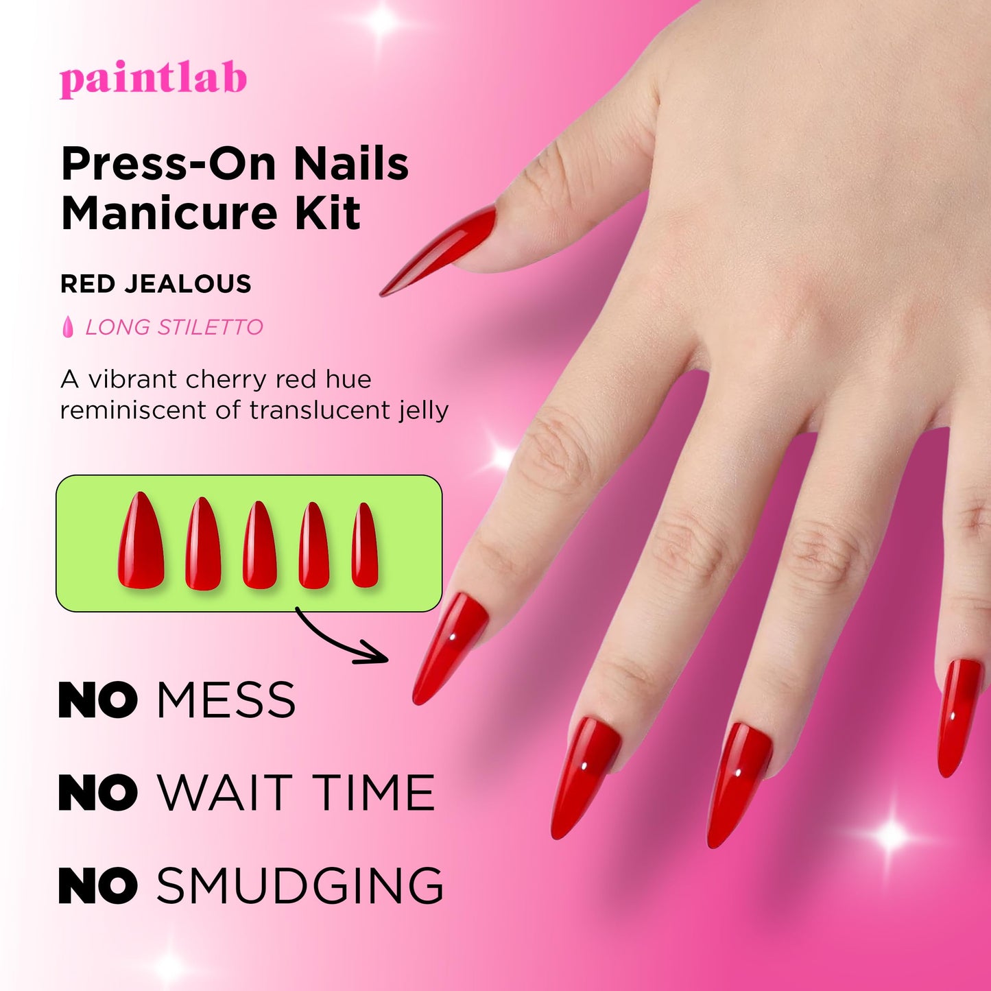 PaintLab Press On Nails - Red Jealous Stiletto Fake Nails, 30 Nails in 15 Sizes with Glue, Reusable Salon Quality Press On Nails