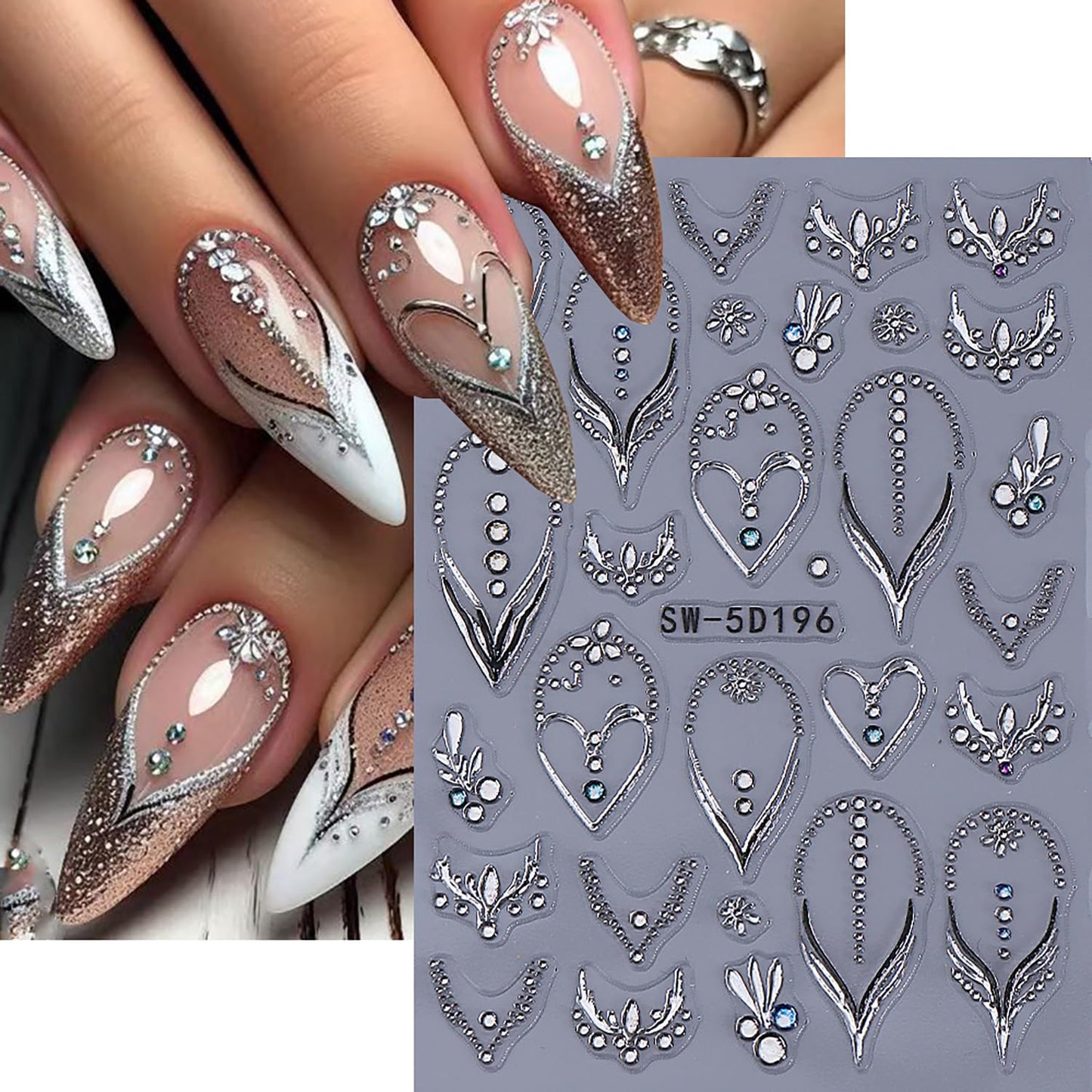2 Sheets Bohemia Nail Stickers 5D Embosses Self-Adhesive Shine Rhinestones Nail Decals Gold Silver Heart Nail Stickers for Women DIY Manicure Decorations