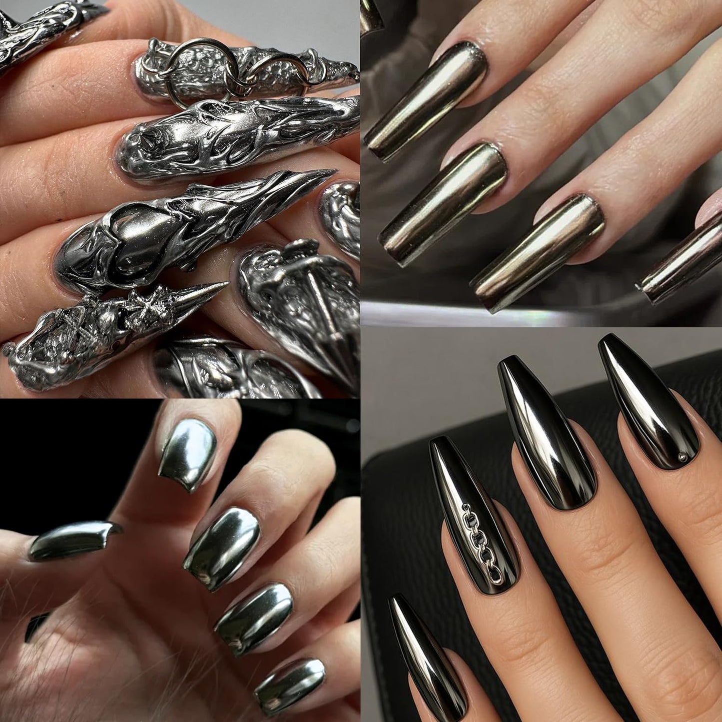 Furtherpretty Black Silver Bronze Chrome Nail Powder Set, Gunmetal Chrome Pigments for Goth Armor Nails, Metallic Mirror Effect Nail Powder for Y2K Punk Nail Art & Manicure Decoration Accessories
