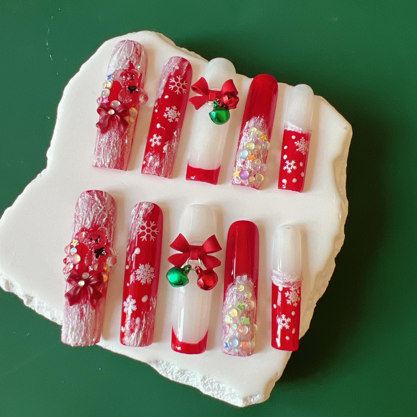 NAIL ANGEL 10PCS/SET Glamorous Handmade Press On Nails Christmas Xmas Holiday Snowman Bell Snowflake French Style Long Coffin Nails Party Nails XXL Long Artifical Tips ZJ-13 (ZJ13, S)