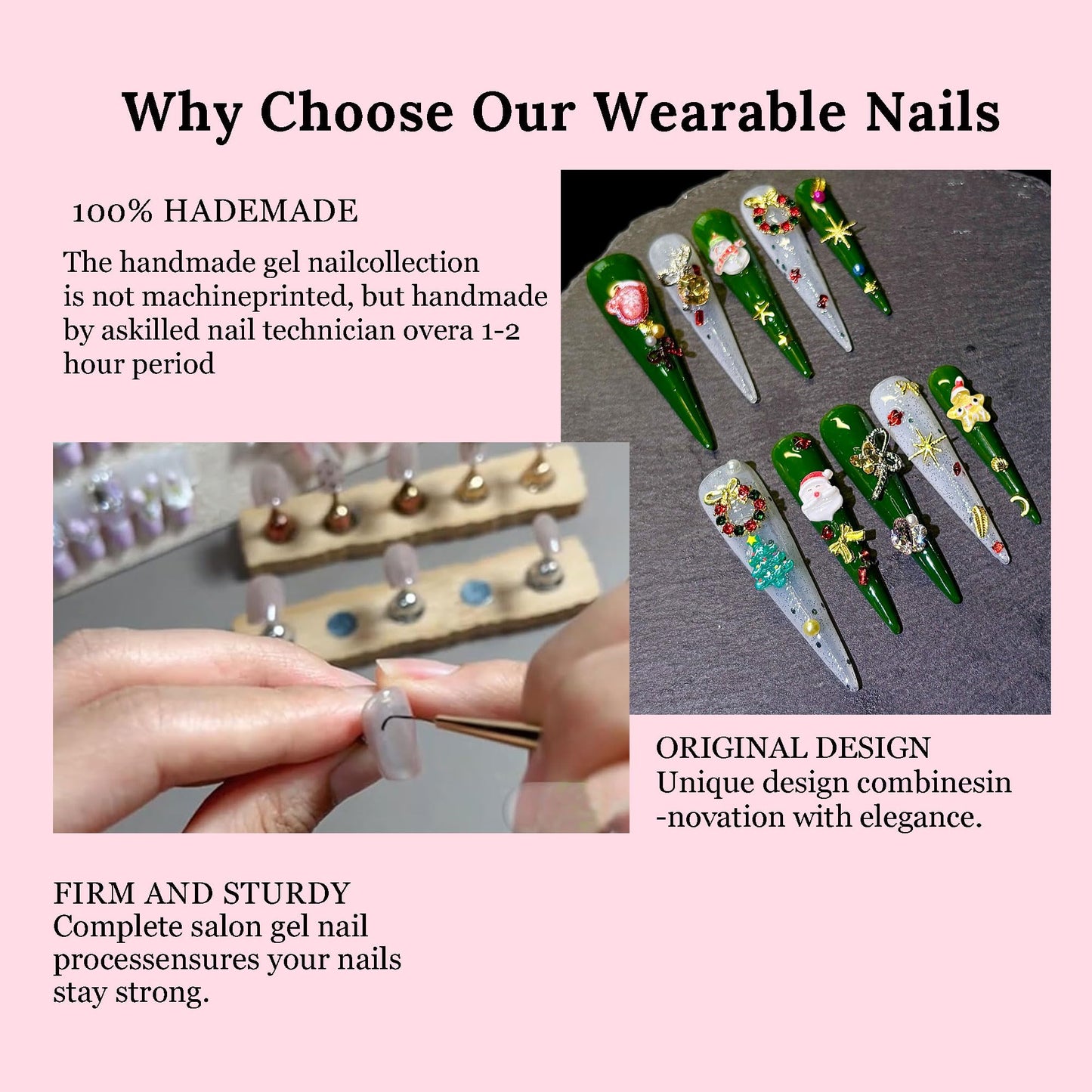 Handmade Press on Nails Medium Almond- Long Fake Nails,3D Unique Reusable ABS Material Fake Nails, Cartoon Snowflake Design False Nails (M, 003)