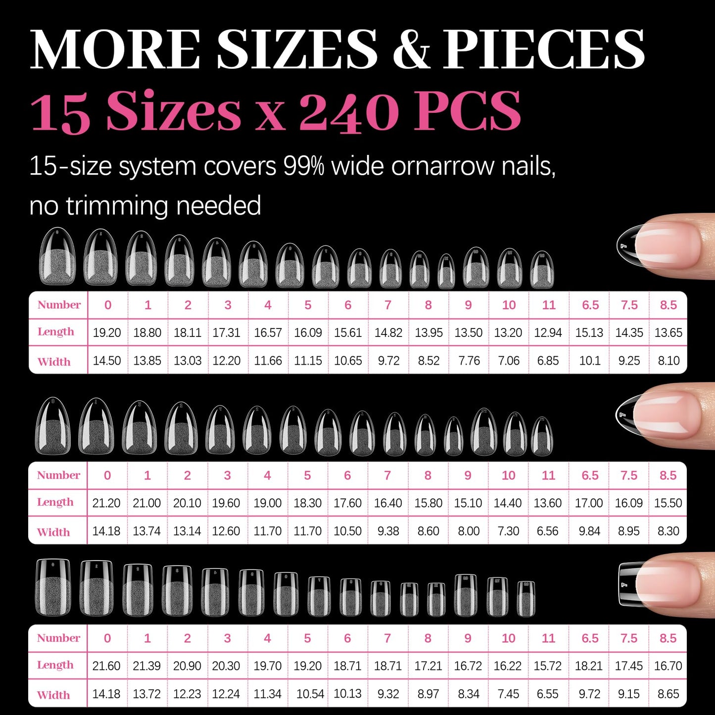 QIEK 450PCS Short Almond & Round & Square - 3 Styles Nail Tips, 70-Grit Pre-Etched Press On Nail in 15 Sizes, Fake Nail Extension Kit for Acrylic Gel Nail Art DIY Salon