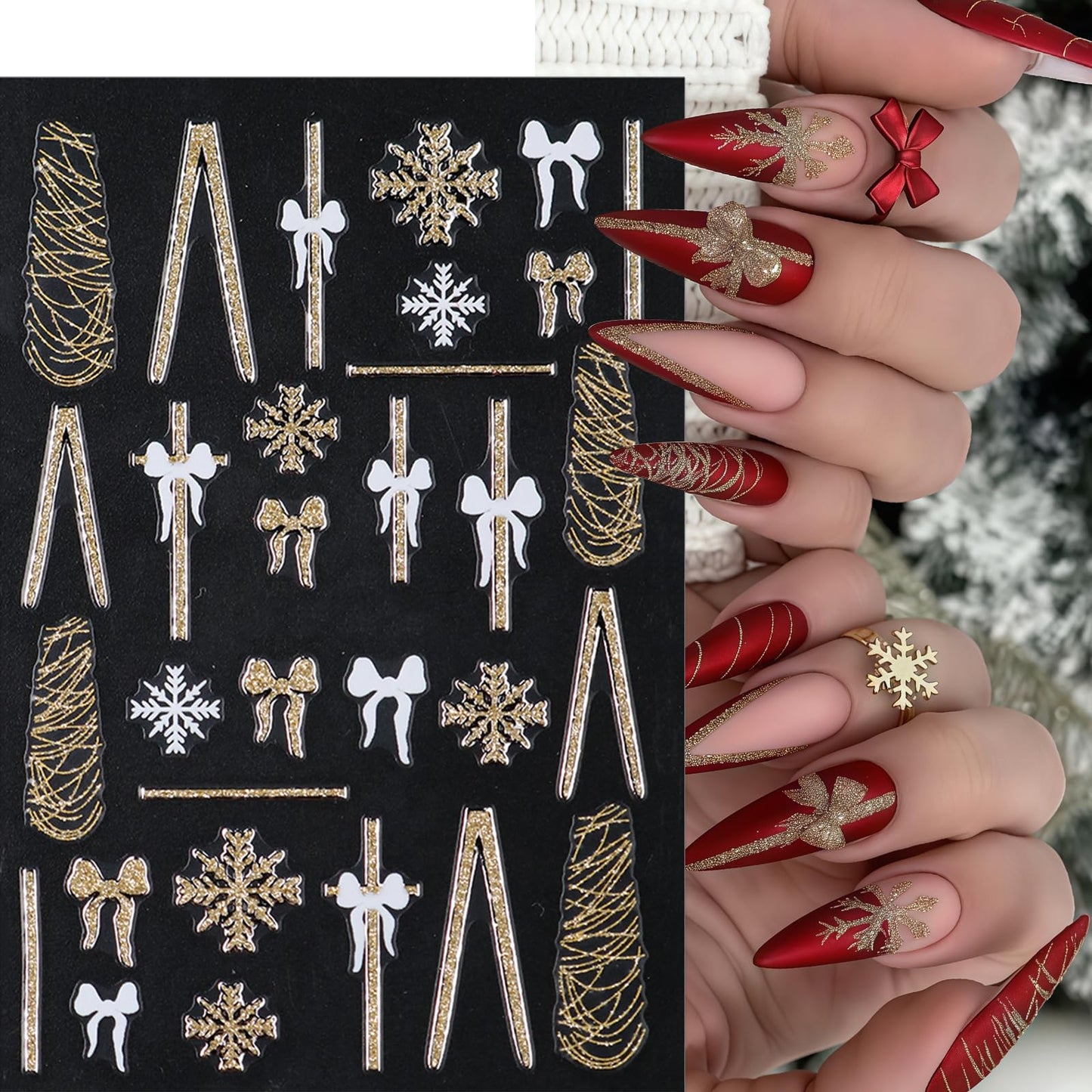 6 Sheets Christmas Snowflake Nail Stickers Bow French Nail Art Stickers Gold Glitter Line Bow 3D Self Adhesive Nail Decals Gold White Snowflake Nail Supplies Nail Decoration for Women DIY Manicure