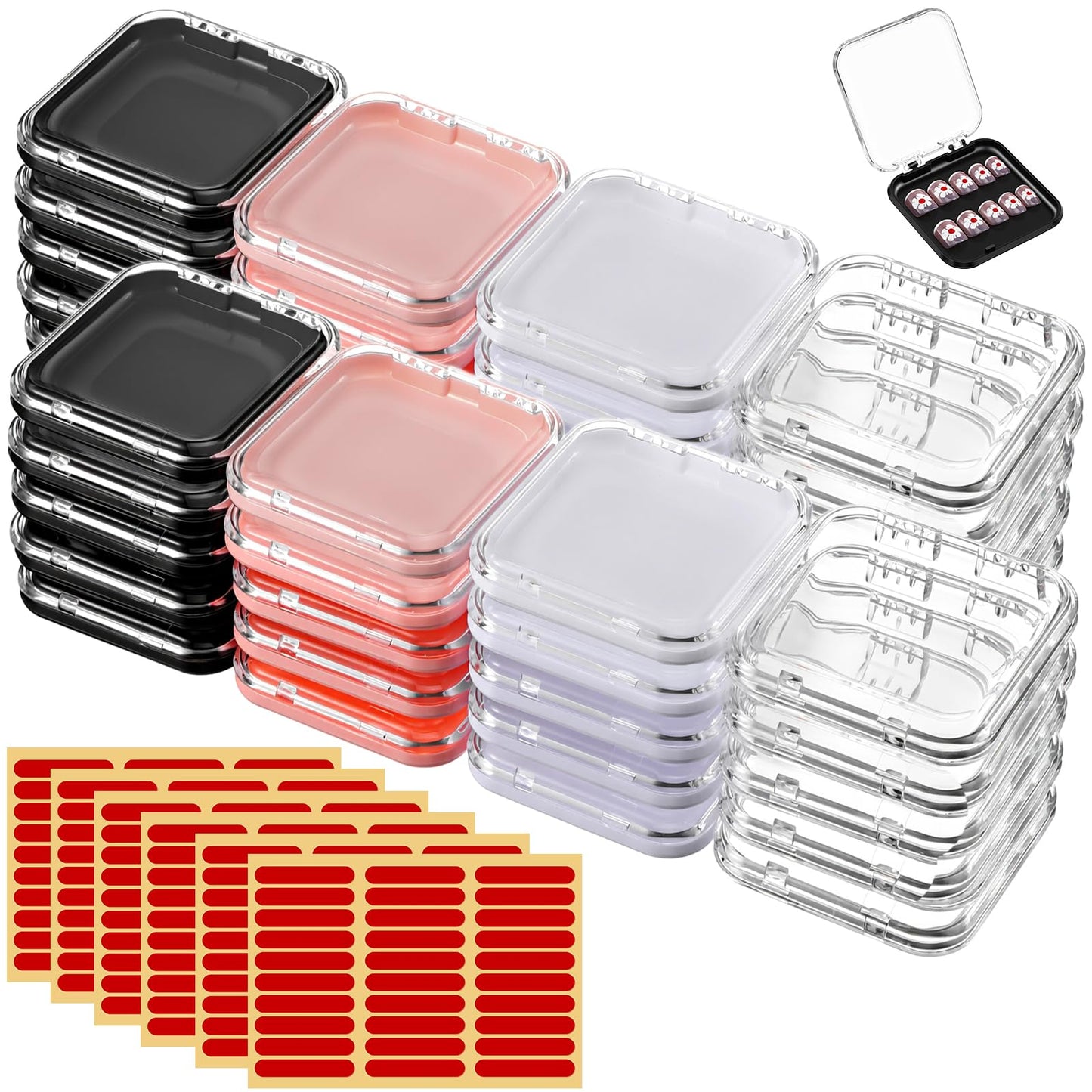 Xaajooio 60 Pcs Press On Nail Packaging Boxes with 180 Adhesive Tapes, 3 X 3 Inch Plastic Display and Storage Case for Nail Art Business Salon Supplies, 4 Colors