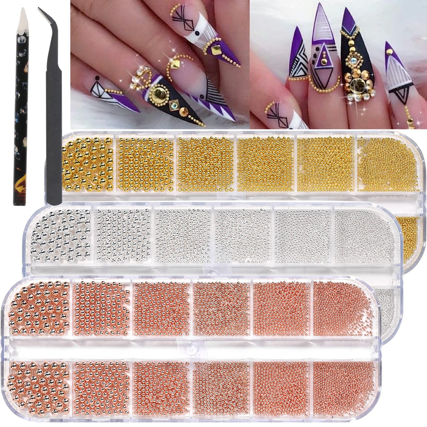 Nail Caviar Beads Gold Silver Rose Gold Nail Art Metal Mini Beads Multi Size 0.8-3MM Nail Design Round Steel Ball Beads for Nails DIY Decoration Accessories