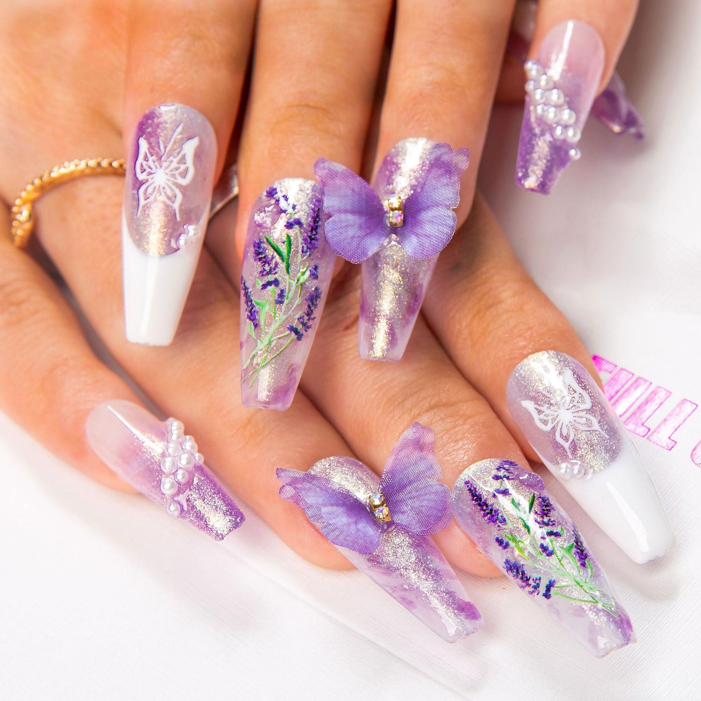 LOVFUL Press on Nails Butterfly Spell | Handmade with Full Covered Crystals | Reusable Full Cover Nails | Coffin Classic Regular 1.3 in | H461-M