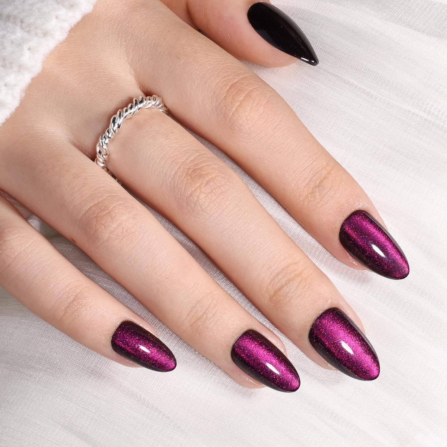 Purple Cat Eye Press On Nails Almond - Short Almond Fake Nails with Nail Glue, Purple Cateye Press On Nails Reusable Stick On Nails in 16 Sizes 32 Nail Kit for Women & Girls | Salon Quality