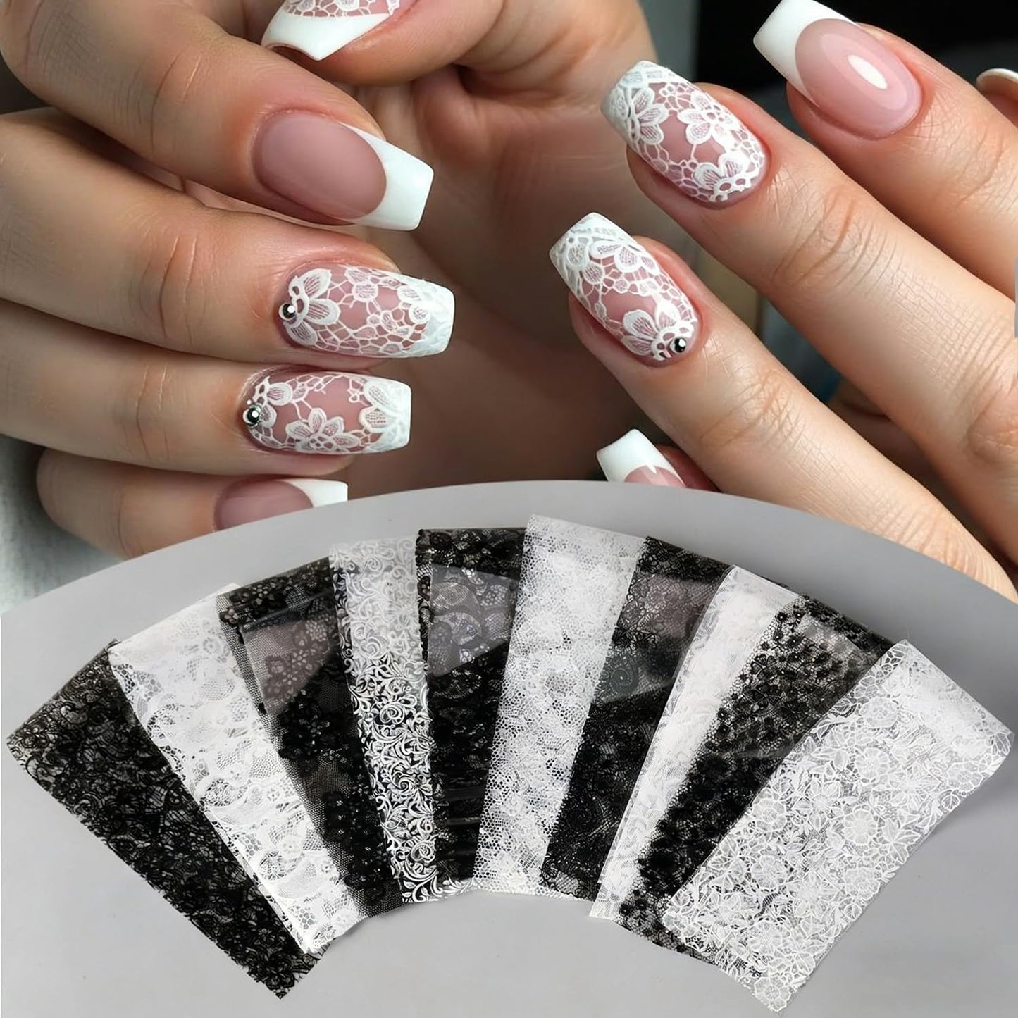 10 Sheets Lace Flower Nail Art Foil Transfer Stickers Black White Lace Nail Foils Transfer Nail Art Flowers Nail Supplies Decals Acrylic Nail Decorations for Women DIY Manicure Art Accessories
