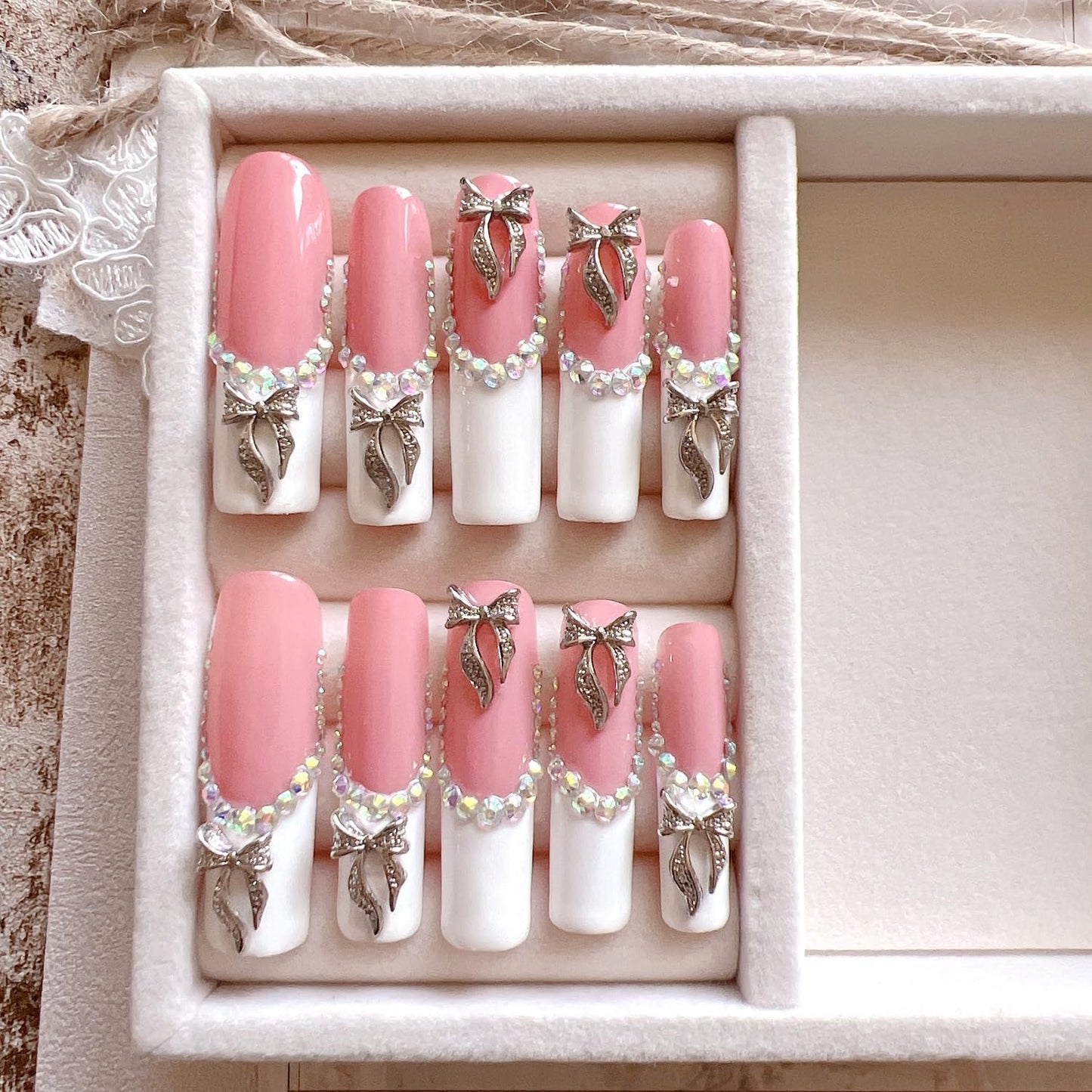 NAIL ANGEL 10PCS/SET Glamorous Handmade Press on nails Glitter Rhinestone with Metal 3D Bow Charms Long Coffin Nails Party Nails XXL Long Artifical Tips ZJ-08 (Multi-Color, ZJ-08-M)