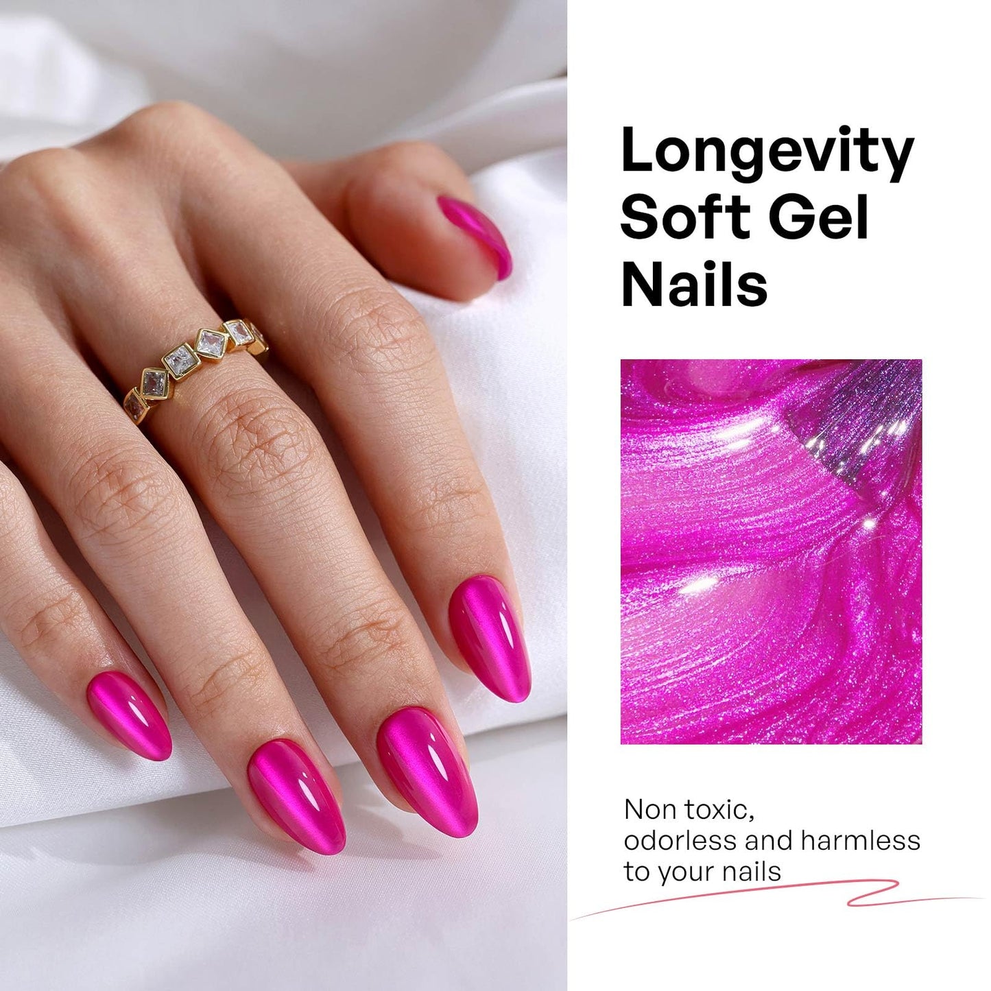 Hot Pink Almond Cat Eye Press on Nails - GJZEZ Soft Gel Short Fuchsia Glass Cateye Fall Stick on Nails Press Ons, Neon Pink Mauve Fake Nail | 16 Sizes - 32 pcs Reusable Prom False Nail, Magenta Rose