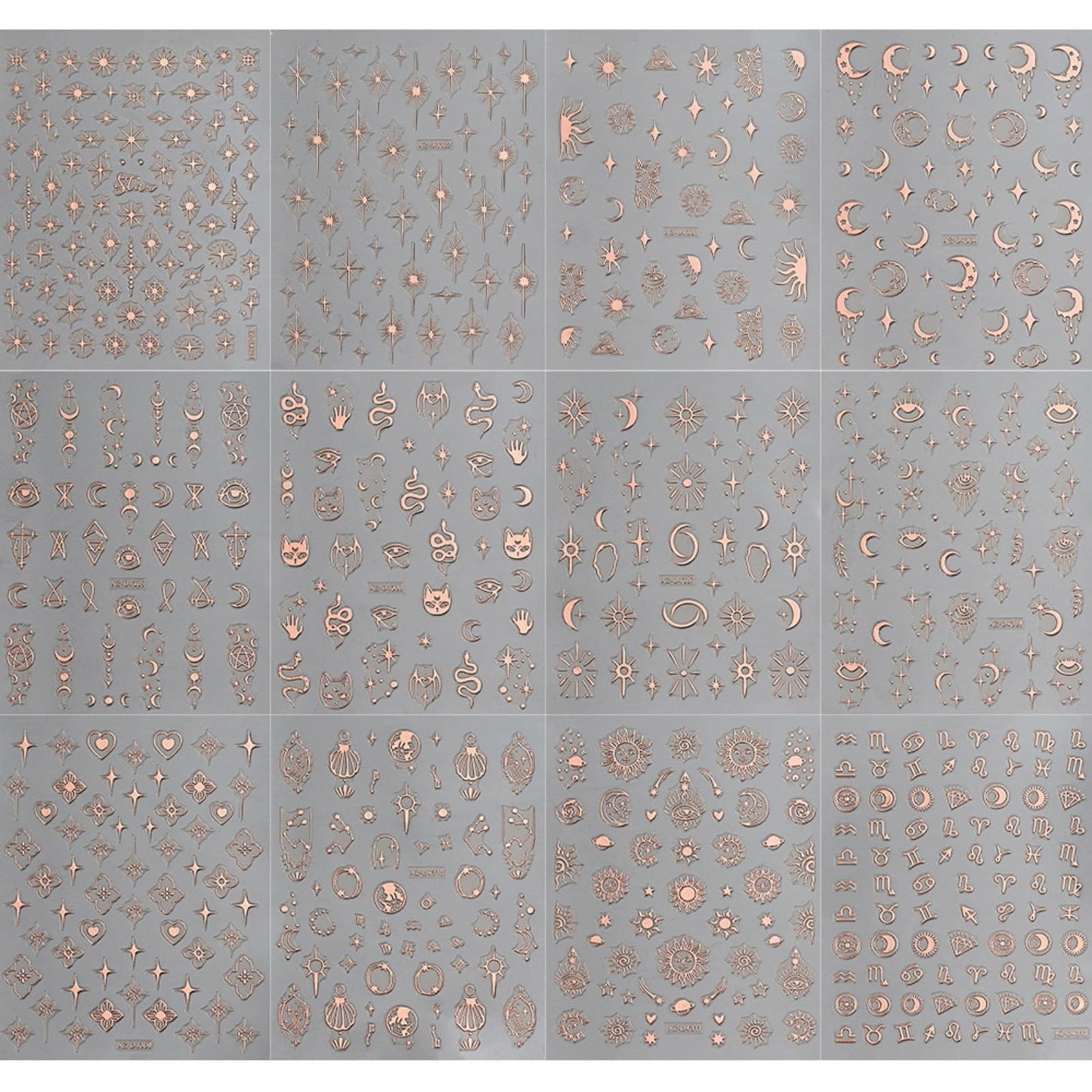 12 Sheets Rose Gold Nail Art Stickers, 3D Self-Adhesive Sun Moon Stars Designs Nail Sticker Acrylic Manicure Decals Decorations Accessory for Women Girls